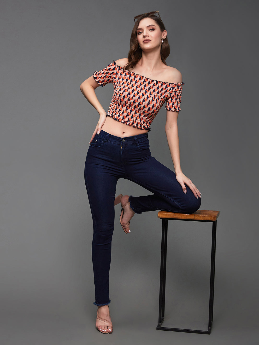 Women's Orange And Navy Bardot Half Sleeve Geometric Patterned Off Shoulder Smocked Crepe Crop Top