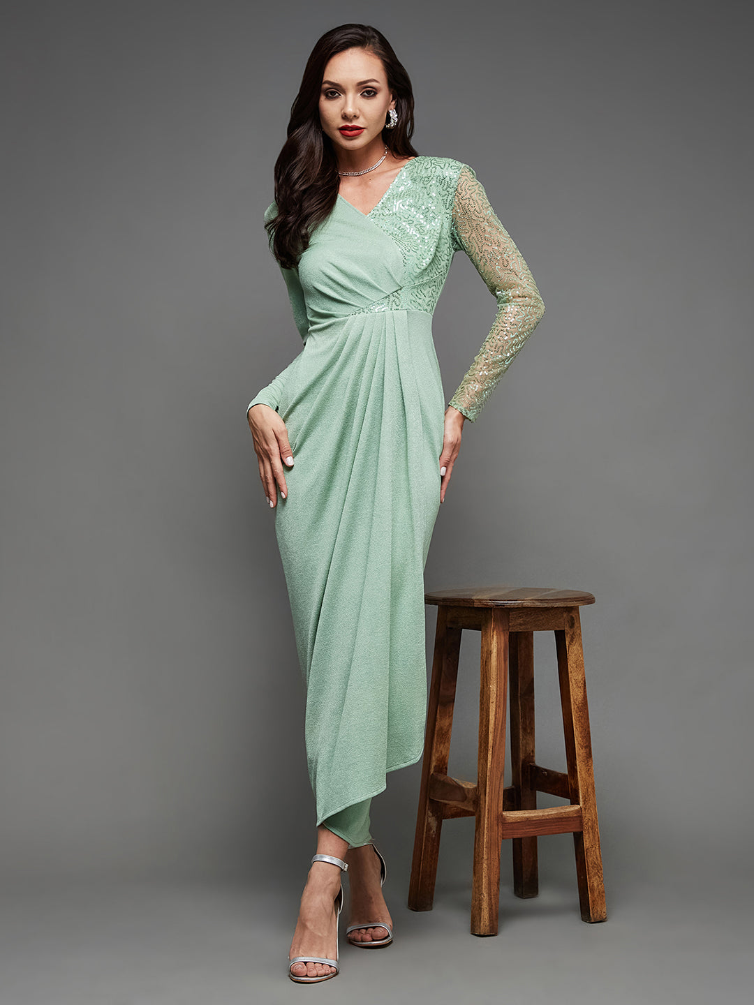 Crease Ease Cocktail Women's Mint Embellished V-Neck Full Sleeve Pleated Slim Fit Maxi Dress