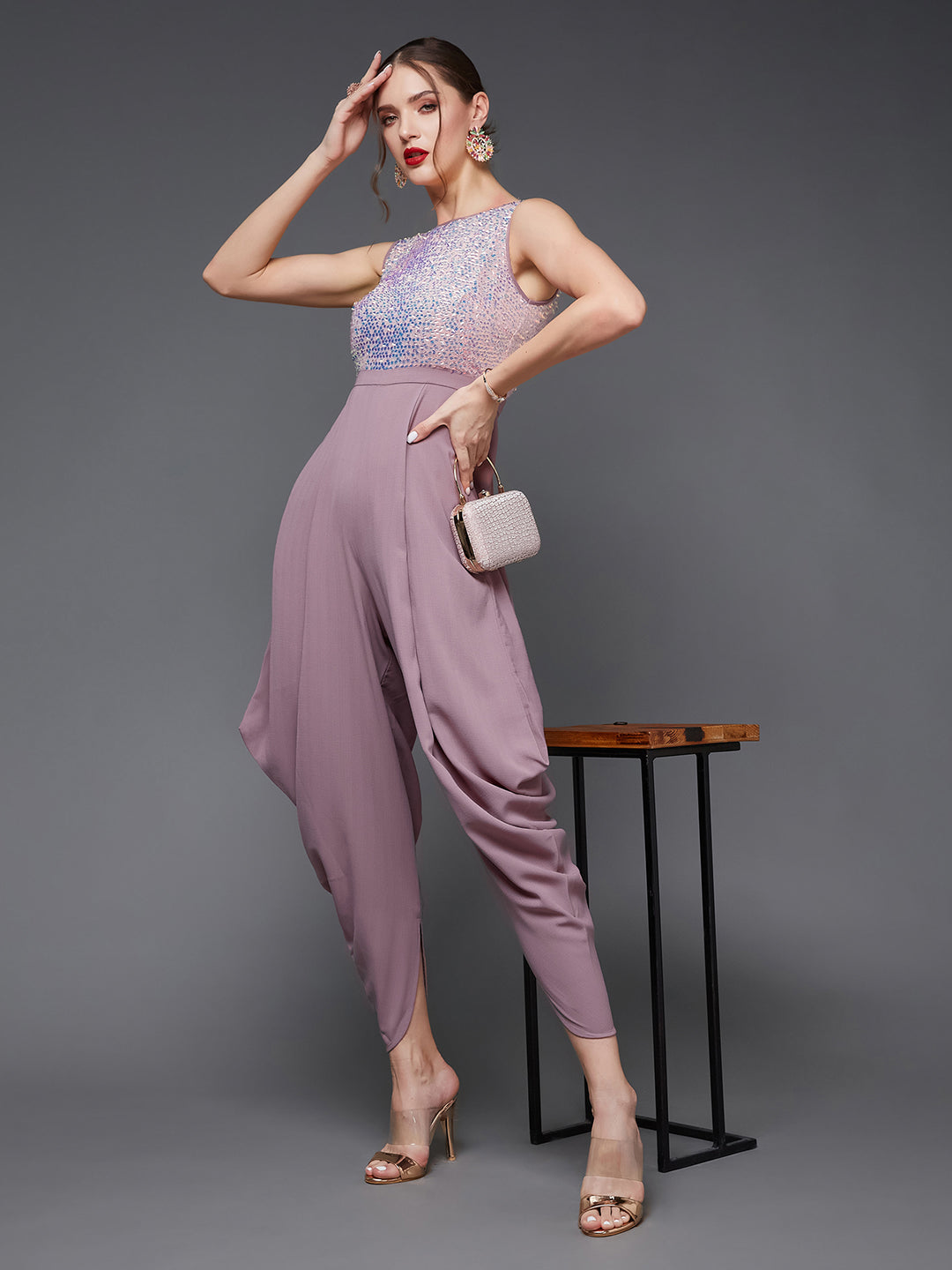 Women's Dusty Lavender Round Neck Sleeveless Sequined Party Jumpsuit