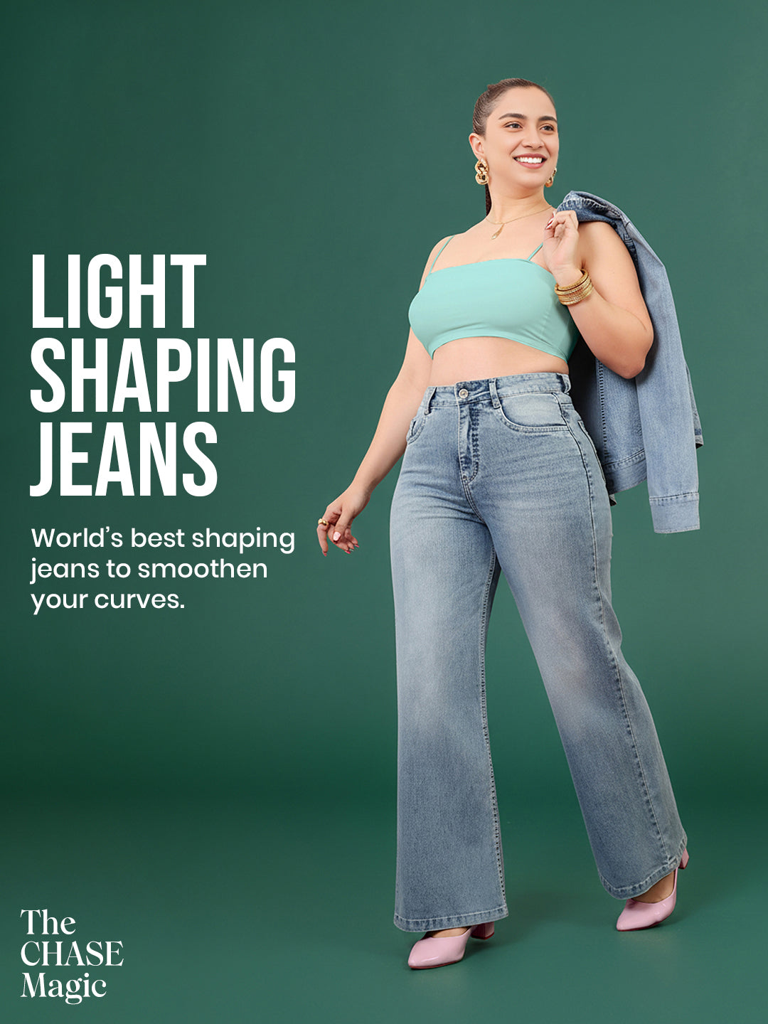 CHASEshape™ Light Blue Wide-Leg High-Rise Stretchable Denim Jeans for Women