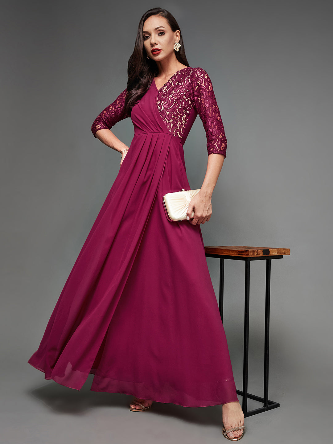 Women's Dark Pink Colored V-Neck Three-Quarter Sleeve Self-Designed Wrap Maxi Georgette Dress