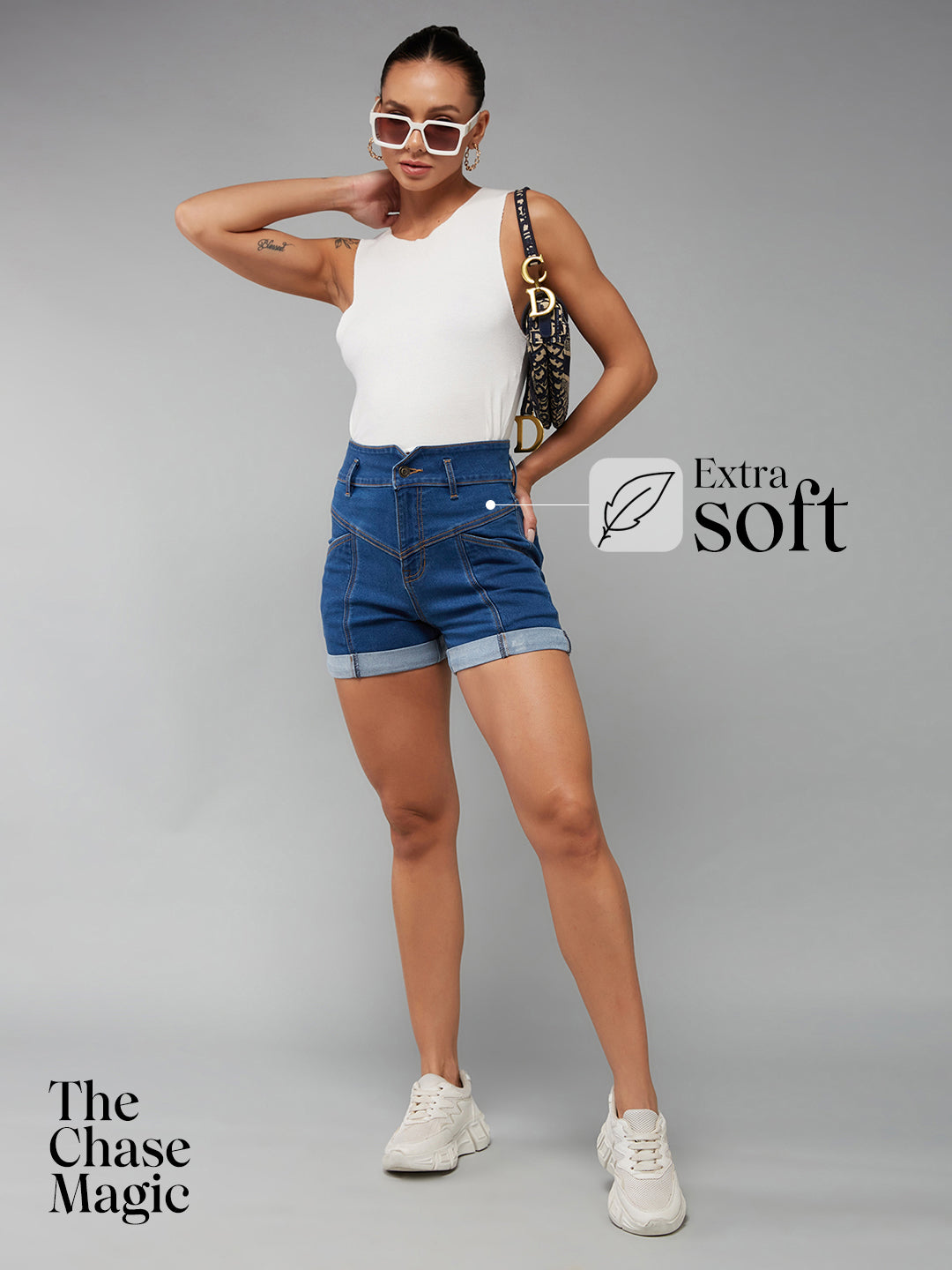 Blue Relaxed-Fit High-Rise Clean-Look Stretchable Blue Denim Shorts for Women — Dolce Crudo