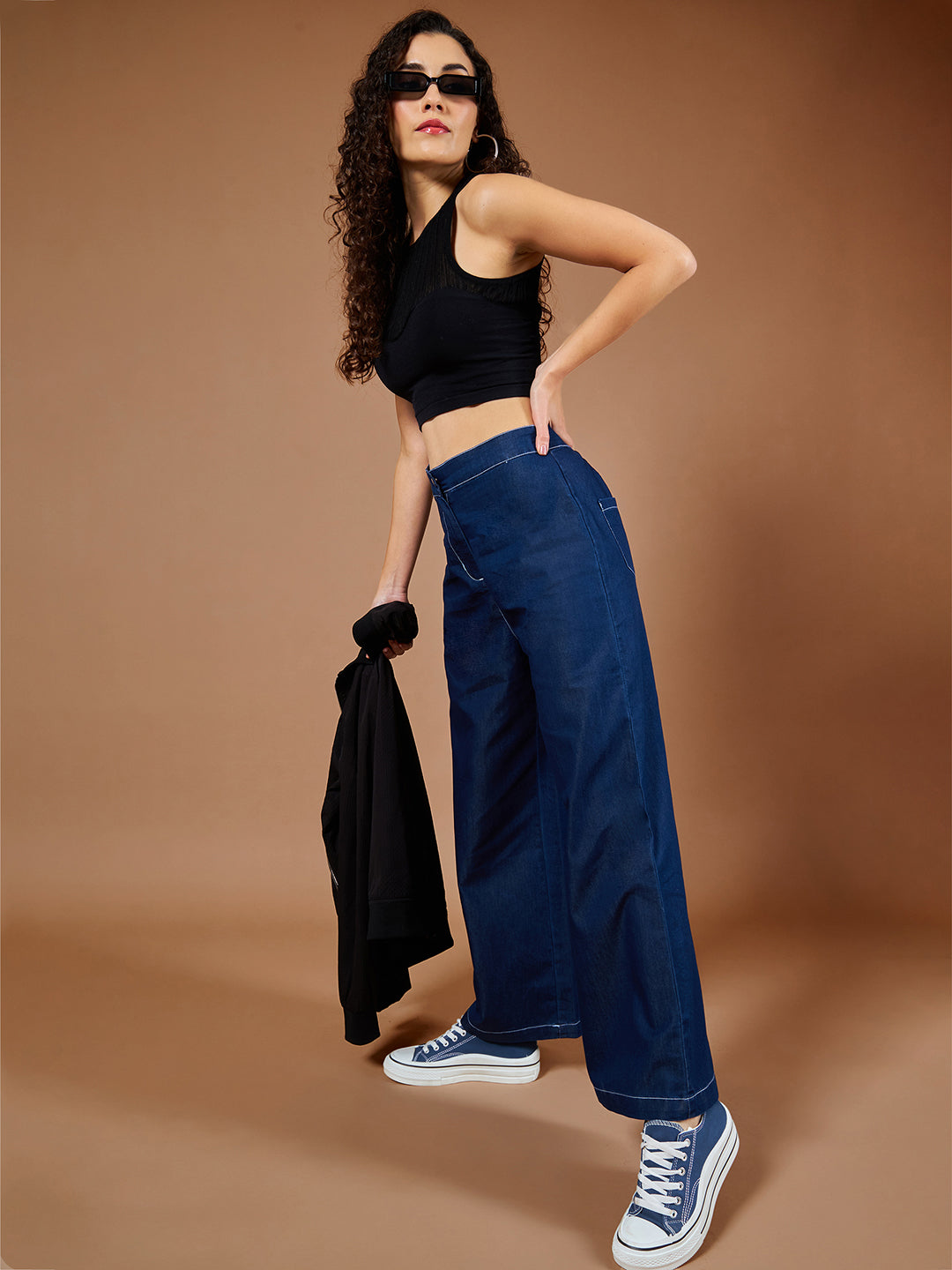 Women's Navy Blue Wide-Leg High Rise Denim Pants