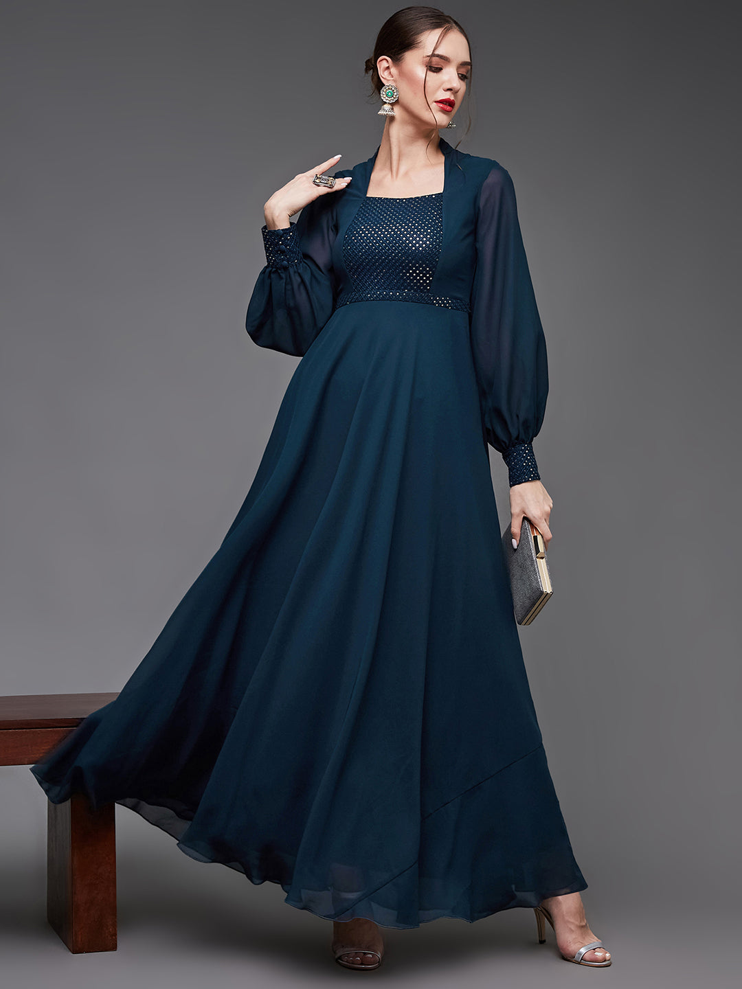 Women's Teal Mandarin-Collar Bishop Sleeve Embellished Panelled Georgette Maxi Dress