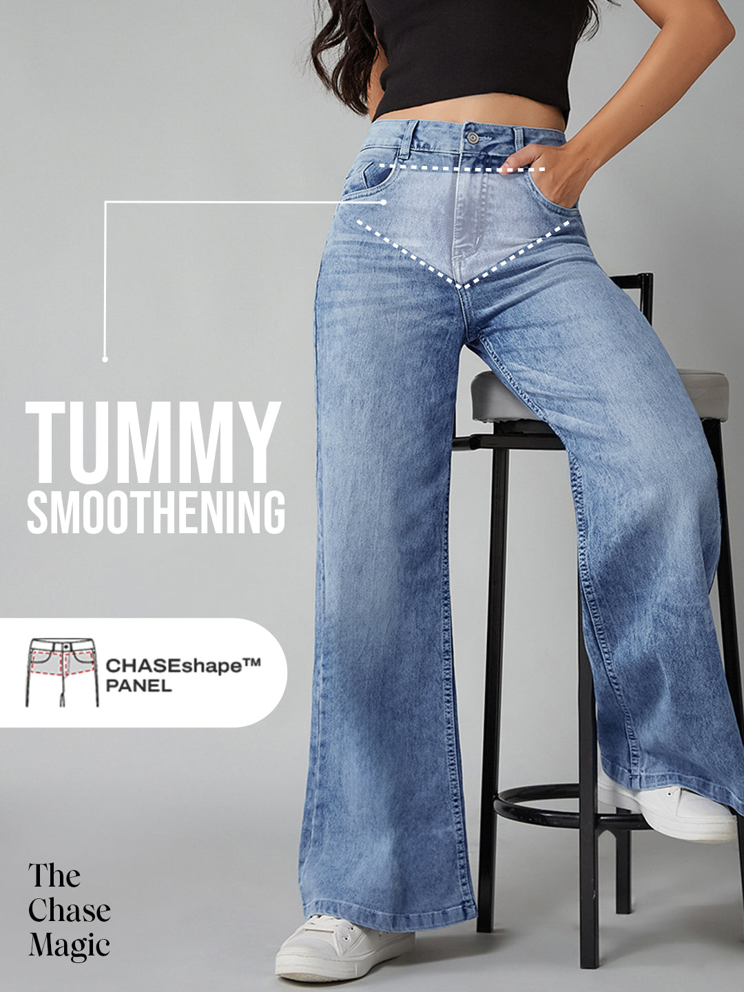 Tummy Smoothening Light-Shaping Wide-Leg High-Rise Light-Blue Denim Jeans