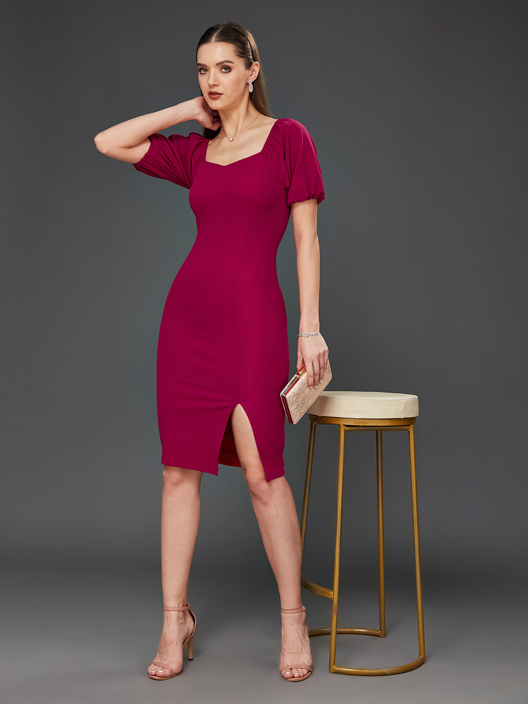 Crease Ease Women's Dark Pink Solid Bodycon V-Neck Half Sleeve Slim Fit Knee-Long Dress