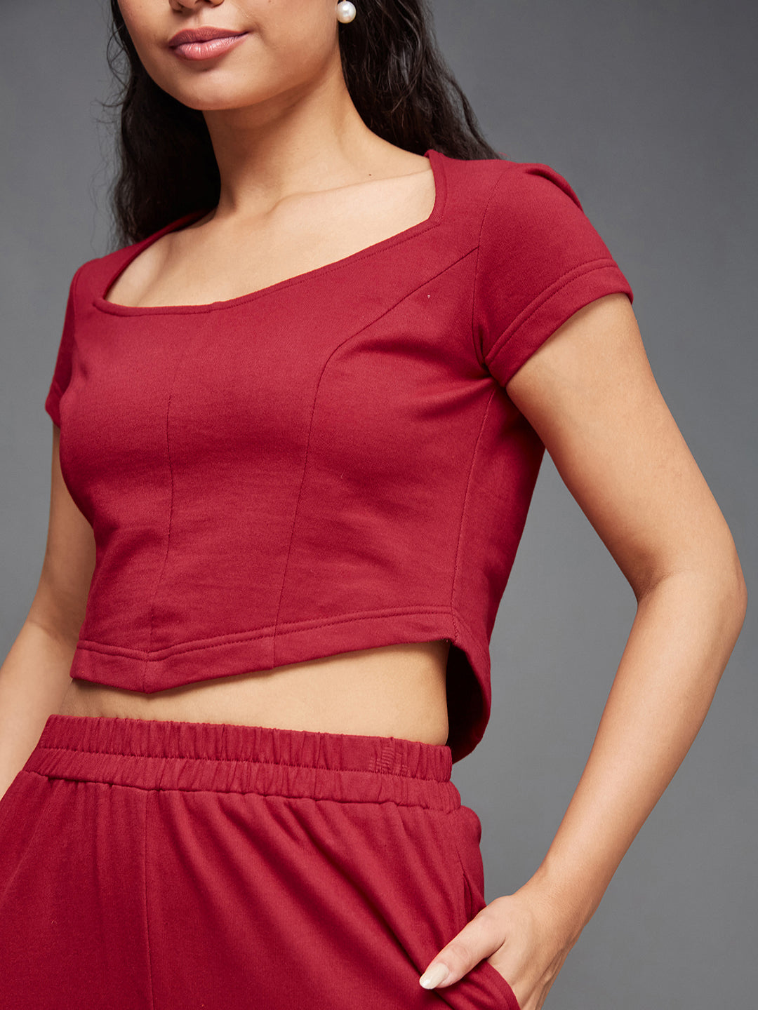 Women'S Maroon Wide-Neck Short Sleeve Solid Regular-Length Flap Pocketed Cotton Panelled Co-Ord Set