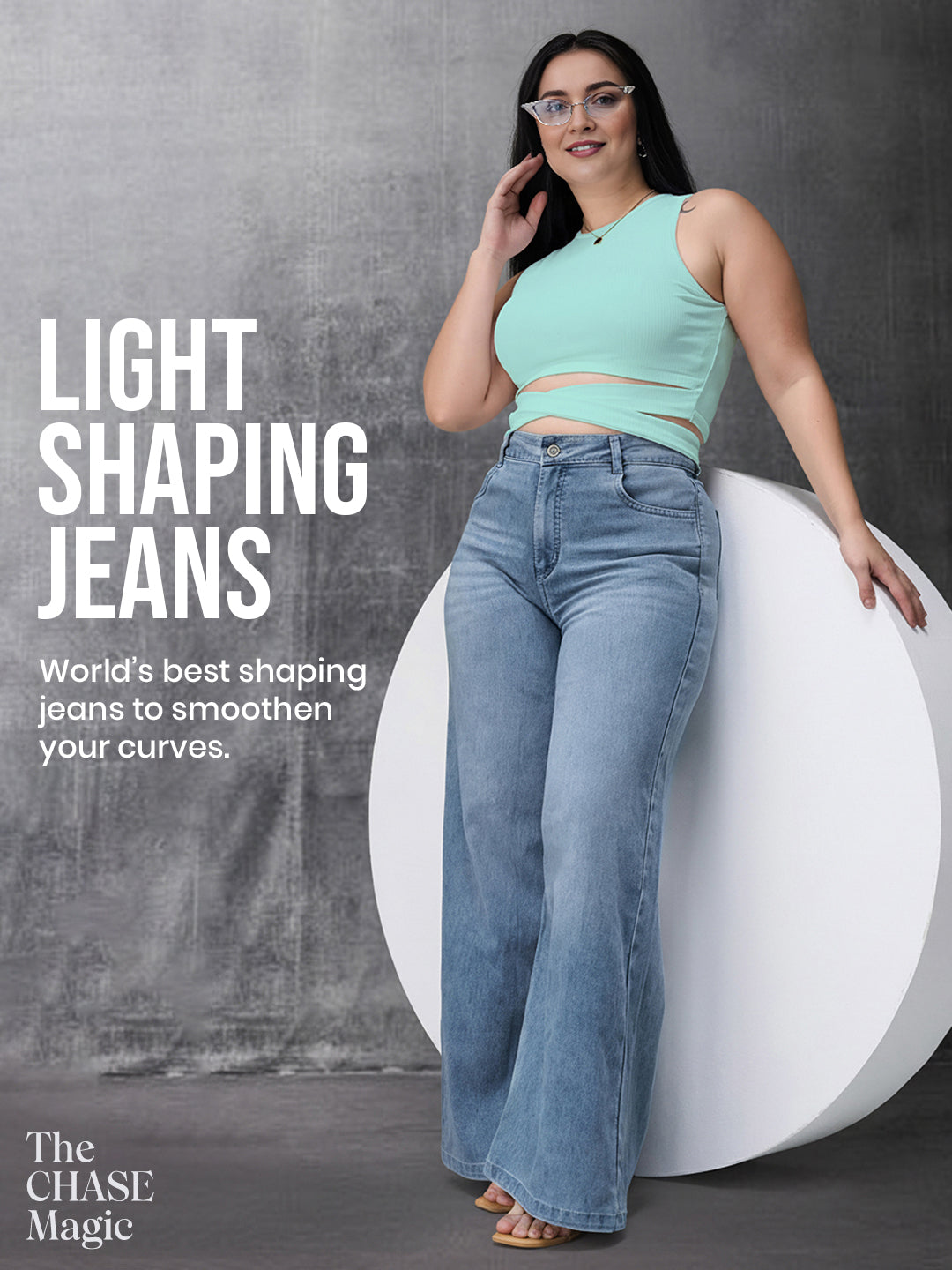 CHASEshape™ Light Blue Wide-Leg High Rise Stretchable Denim Jeans for Women