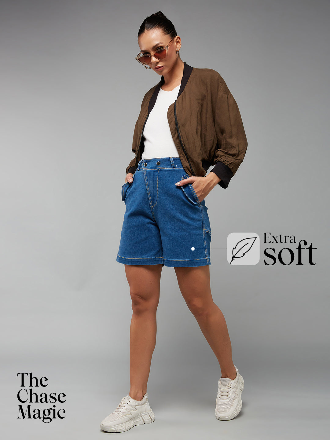 Relaxed-Fit Mid-Rise Clean-Look Stretchable Blue Denim Bermuda Shorts for Women