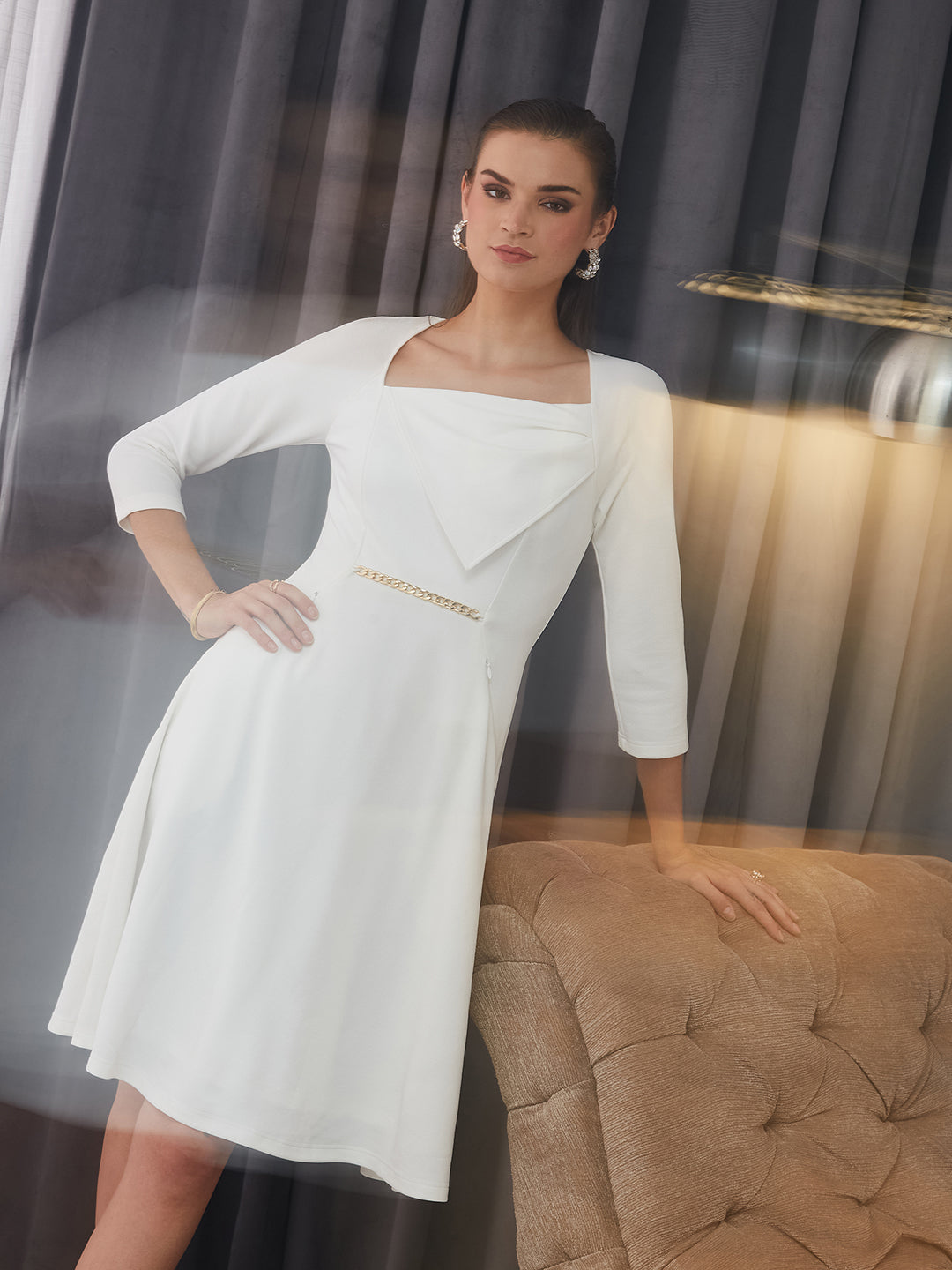 Women's Off White Solid Square Neck Raglan Sleeves Side Pocketed Polyester Fit and Flare Knee-Length Dress