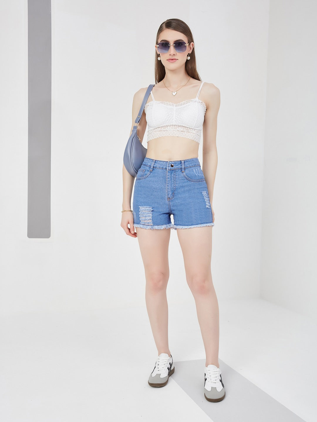Blue Relaxed Fit Highly Distressed Mid Rise Ripped Denim Shorts for Women