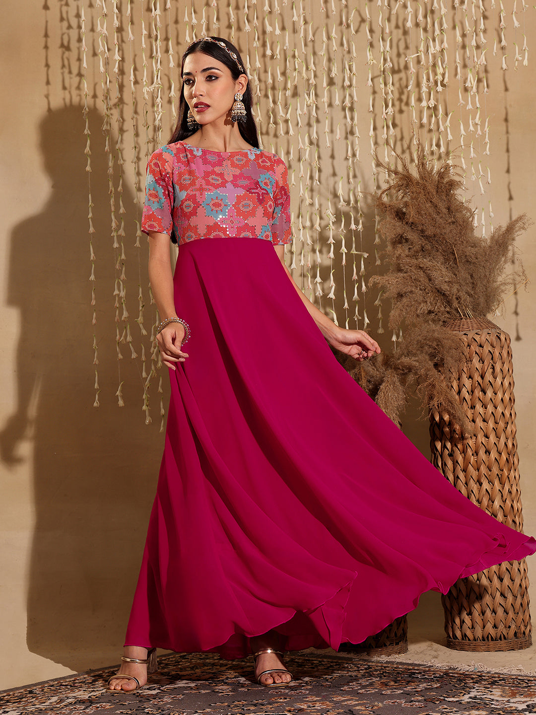 Women's Multicolored-Base-Dark Pink Boat Neck Half Sleeve Geometric Fit & Flare Georgette Maxi Dress
