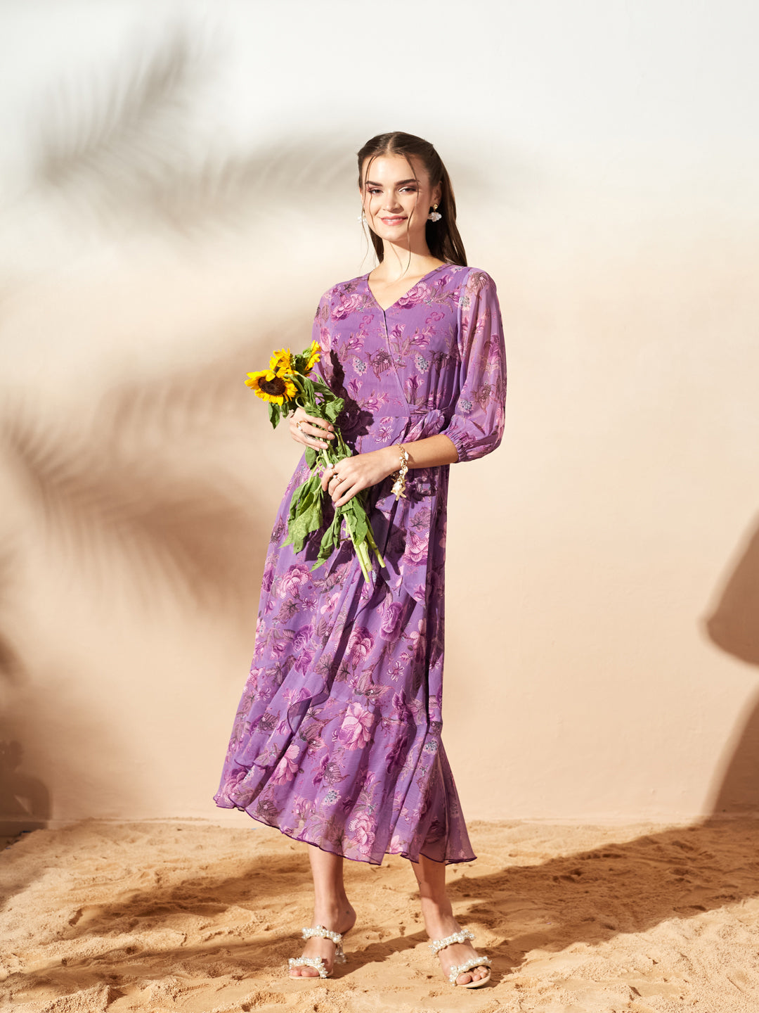Women’s Multicolored Lavender Floral V-Neck 3/4 Sleeve Wrap Chiffon Midi Dress for Women