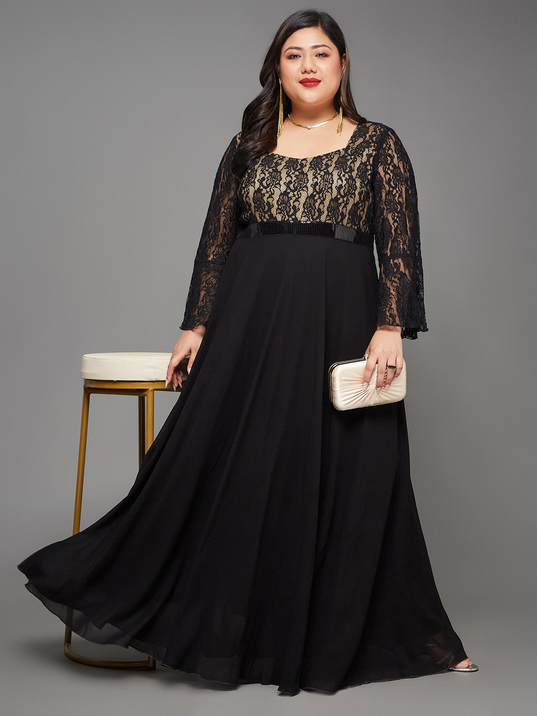 Women's Black Sweetheart-Neck Full Sleeve Floral Lace-Overlaid Georgette Maxi Dress