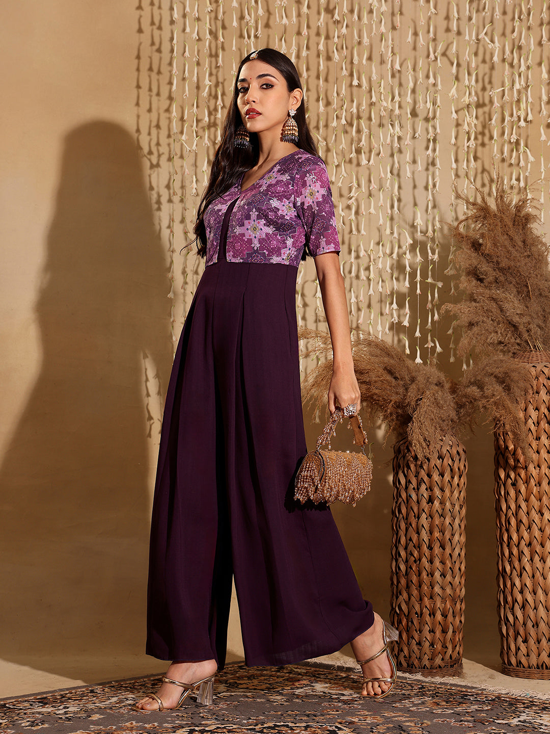Women'S Dark Purple V Neck Half Sleeve Pleated Polyester Regular-Length Solid Jumpsuit
