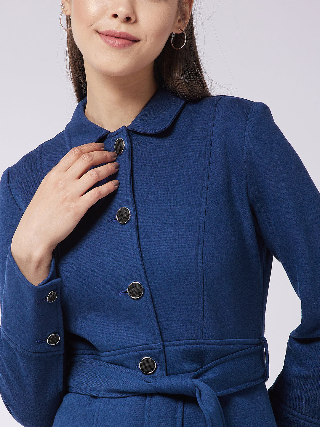 Women's Navy Blue Collared Full Sleeve Solid Tie-up Longline Jacket