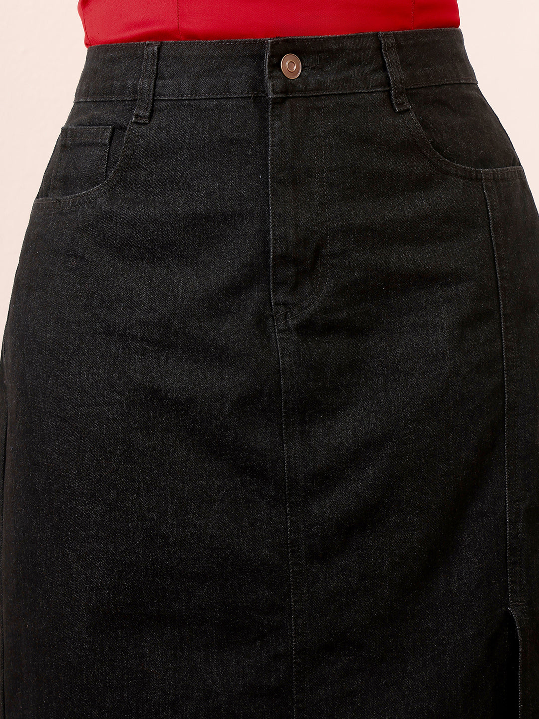 Women's Black Straight-Fit High-Rise  Stretchable Denim Midi Skirt