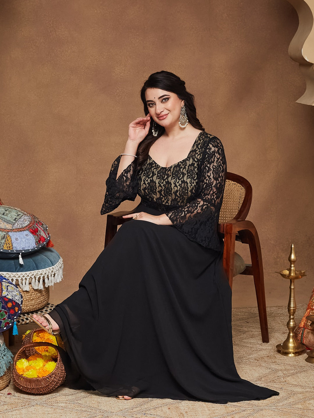 Black Sweetheart-Neck Full Sleeve Floral Lace-Overlaid Georgette Maxi Dress for Women