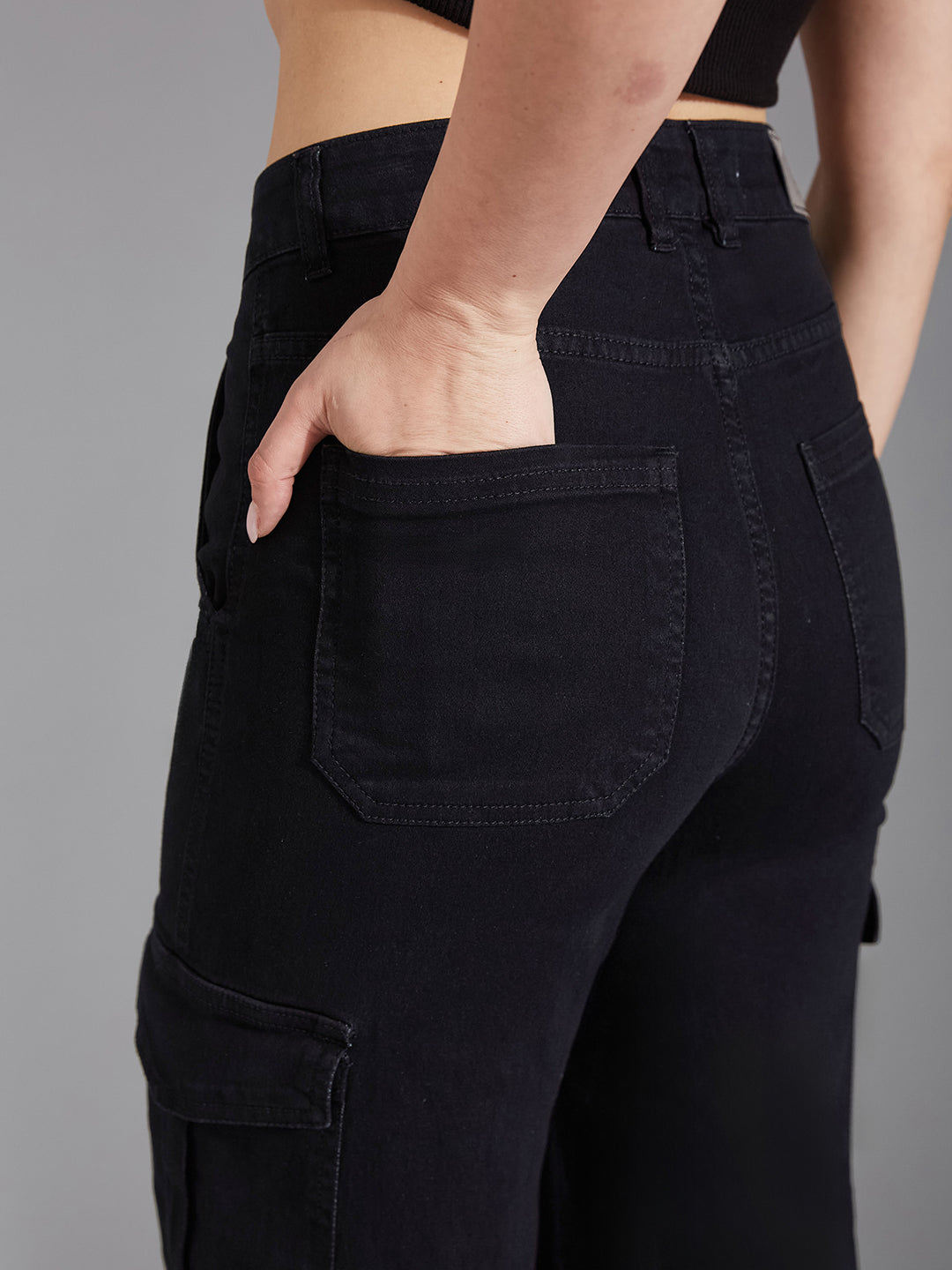 Women's Black Wide-Leg High-Rise Clean-Look Stretchable Denim Jeans