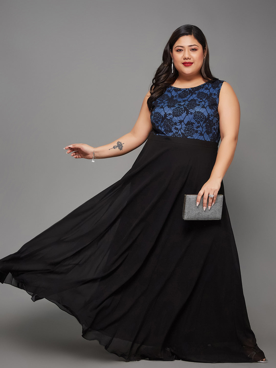 Blue & Black Round Neck Sleeveless Georgette Floral Lace Fit & Flare Maxi Dress for Women