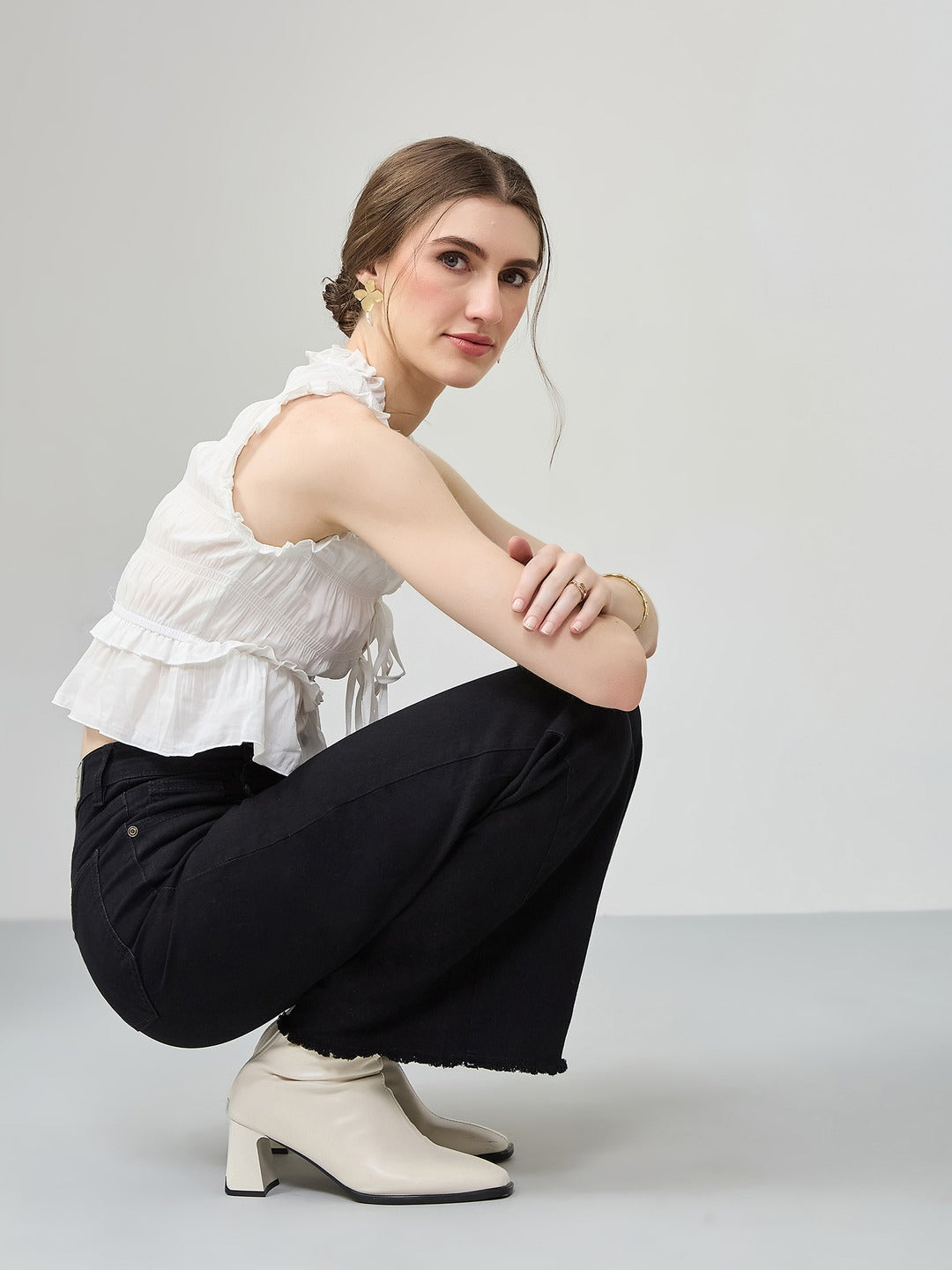 Black high-rise Stretchable Wide Leg Denim Jeans for Women
