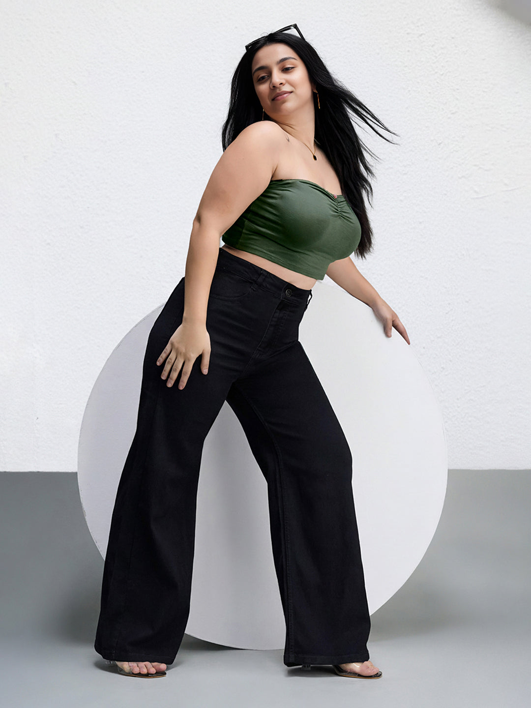 Black Wide Leg High Rise Stretchable Denim Jeans for Women