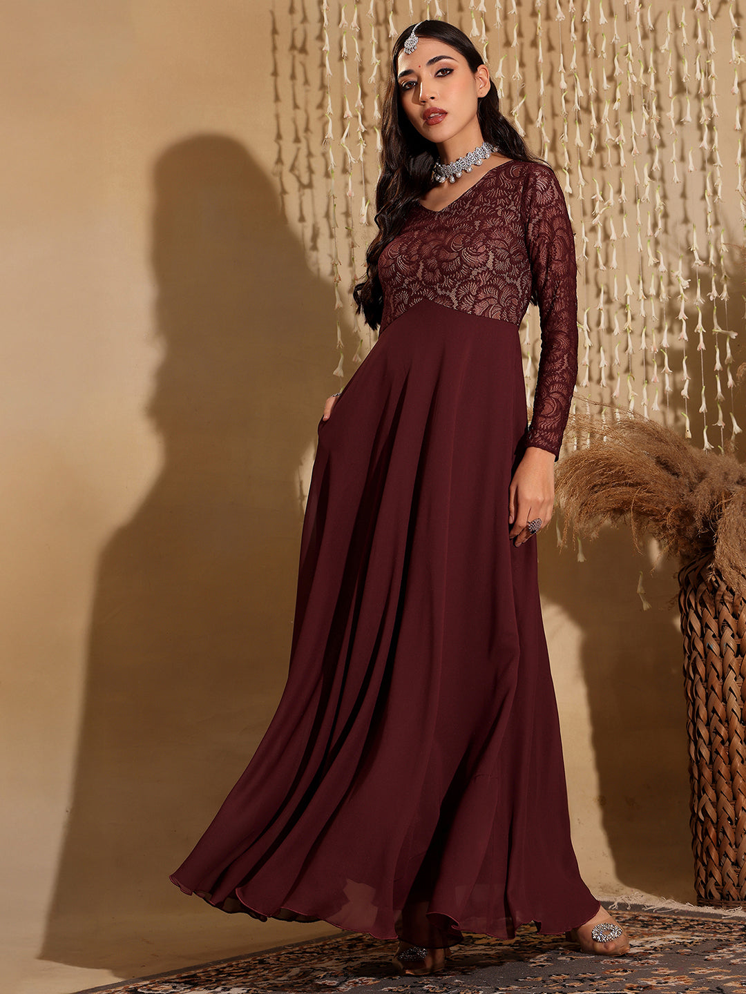 Women's Wine V-Neck Full Sleeve Self Design Lace-Overlaid Georgette Maxi Dress