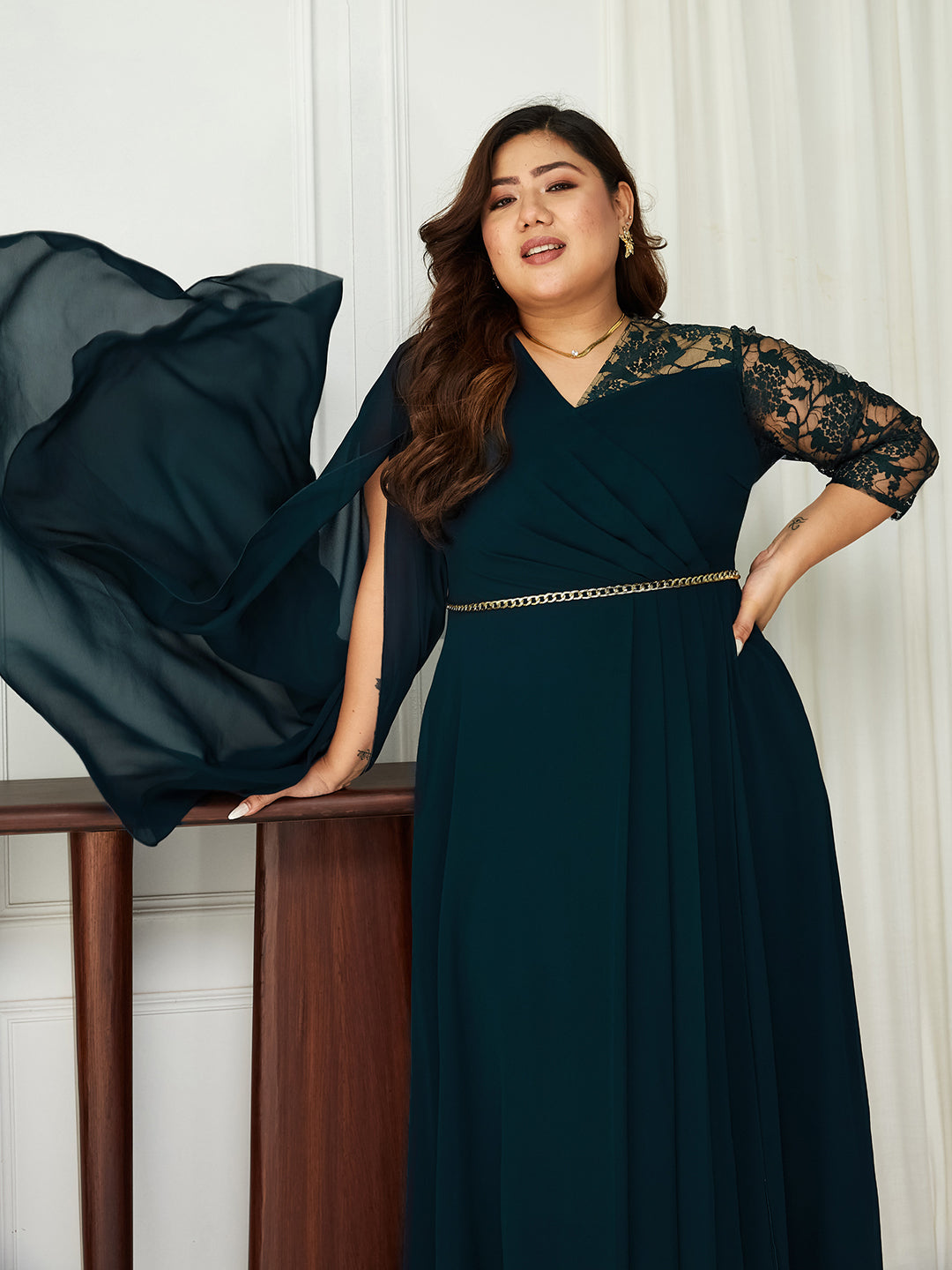 Women's Teal V-Neck Asymmetric Self-Designed Georgette Maxi Dress