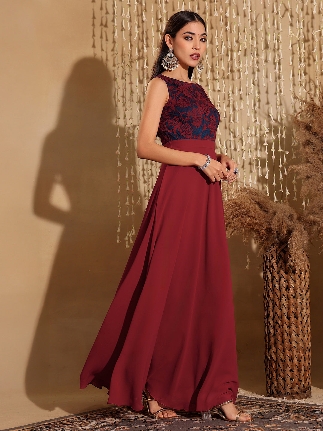 Women's Maroon & Teal Boat Neck Sleeveless Self Design Lace Overlaid Maxi Dress