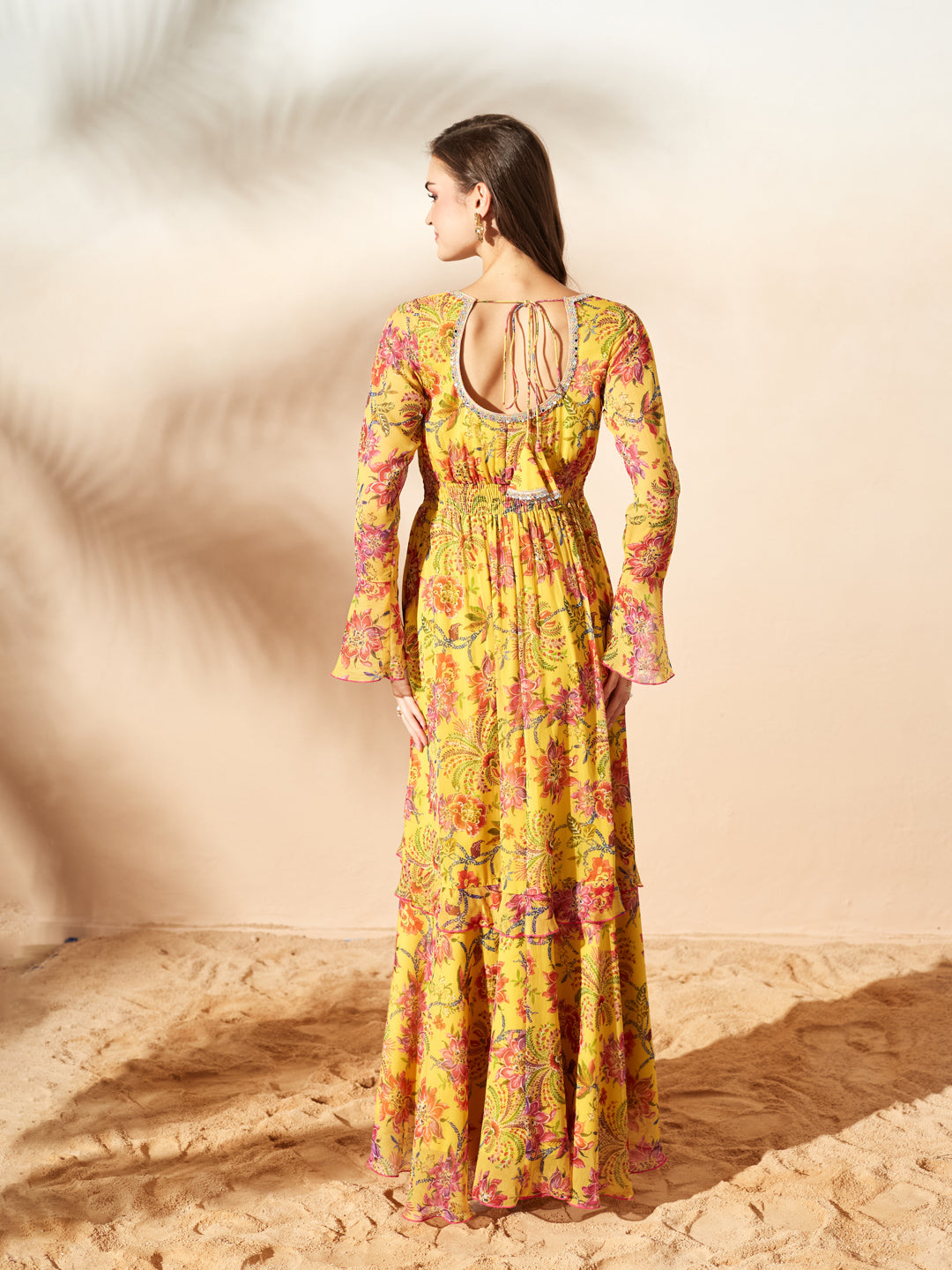 Mustard Sweetheart Flounce Floral Ruffled/ Front Slit Maxi Chiffon Ethnic Dress for Women — Miss Chase