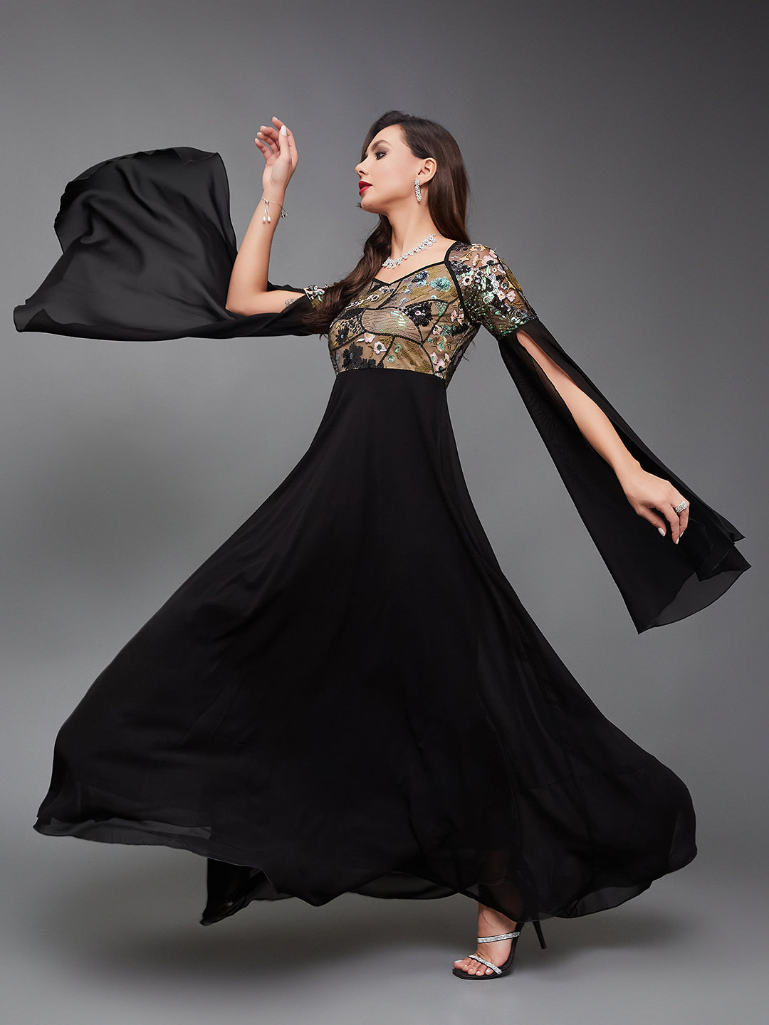 Women's Black Sweet-Heart Full Sleeve Embellished Slit Sleeve Maxi Georgette Dress