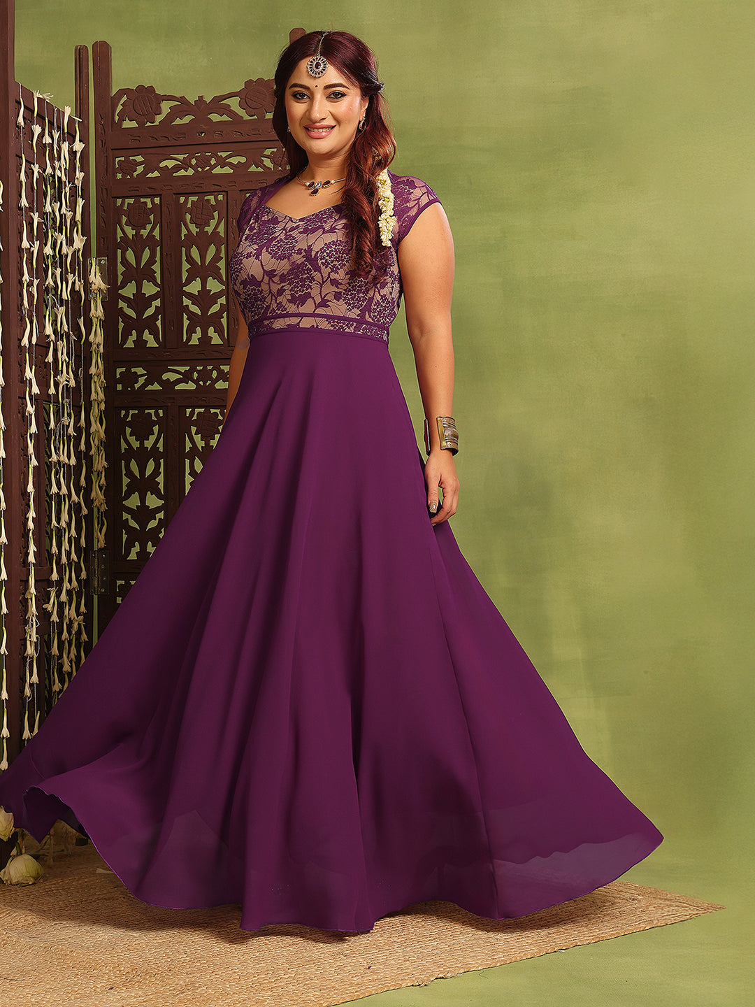 Women's Dark Purple Sweet-Heart Neck Cap-Sleeve Floral Fit & Flare Georgette Maxi Dress