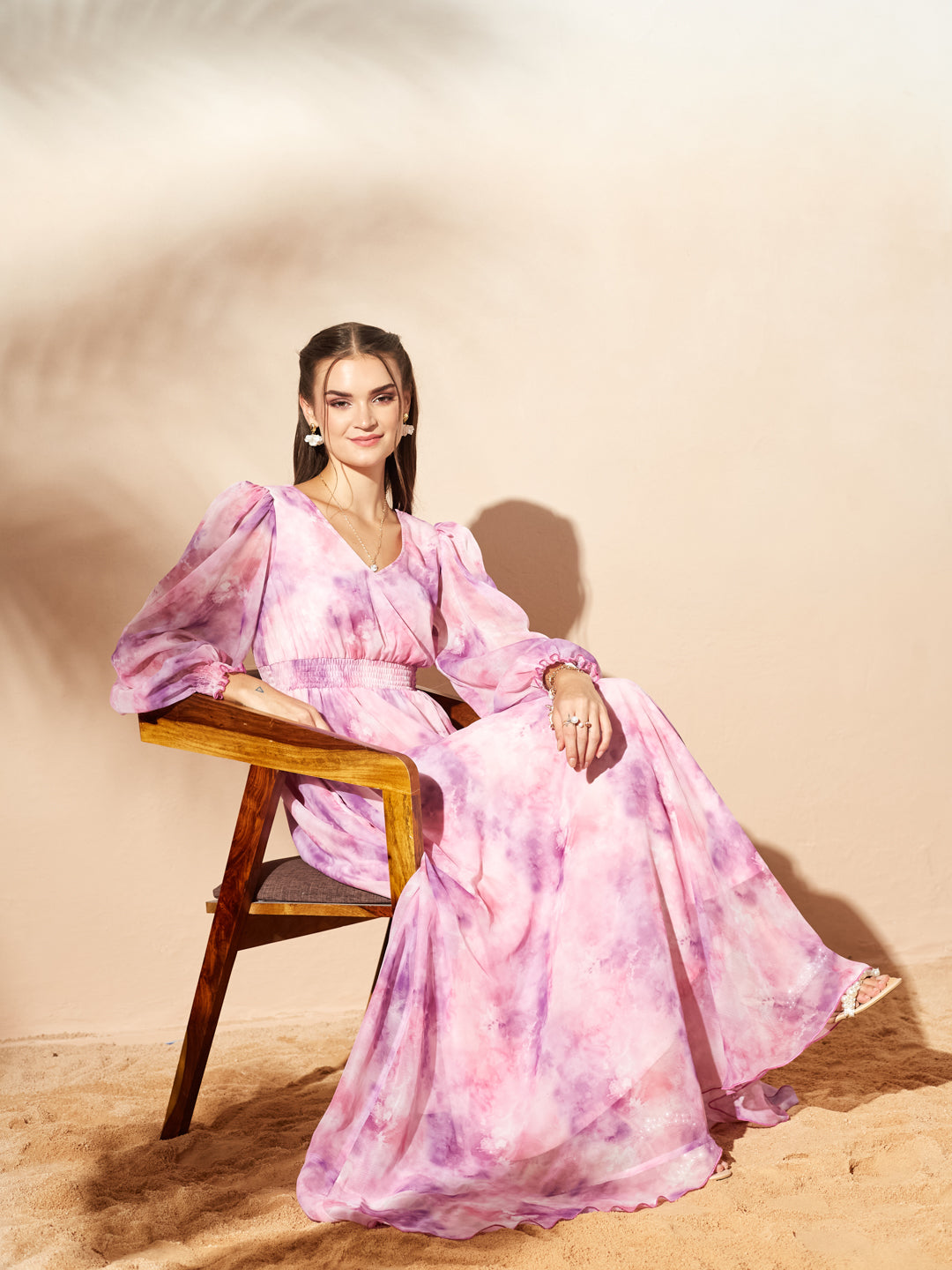 Pink & Lavender Full Sleeves Floral Printed Fit and Flare Dress for Women
