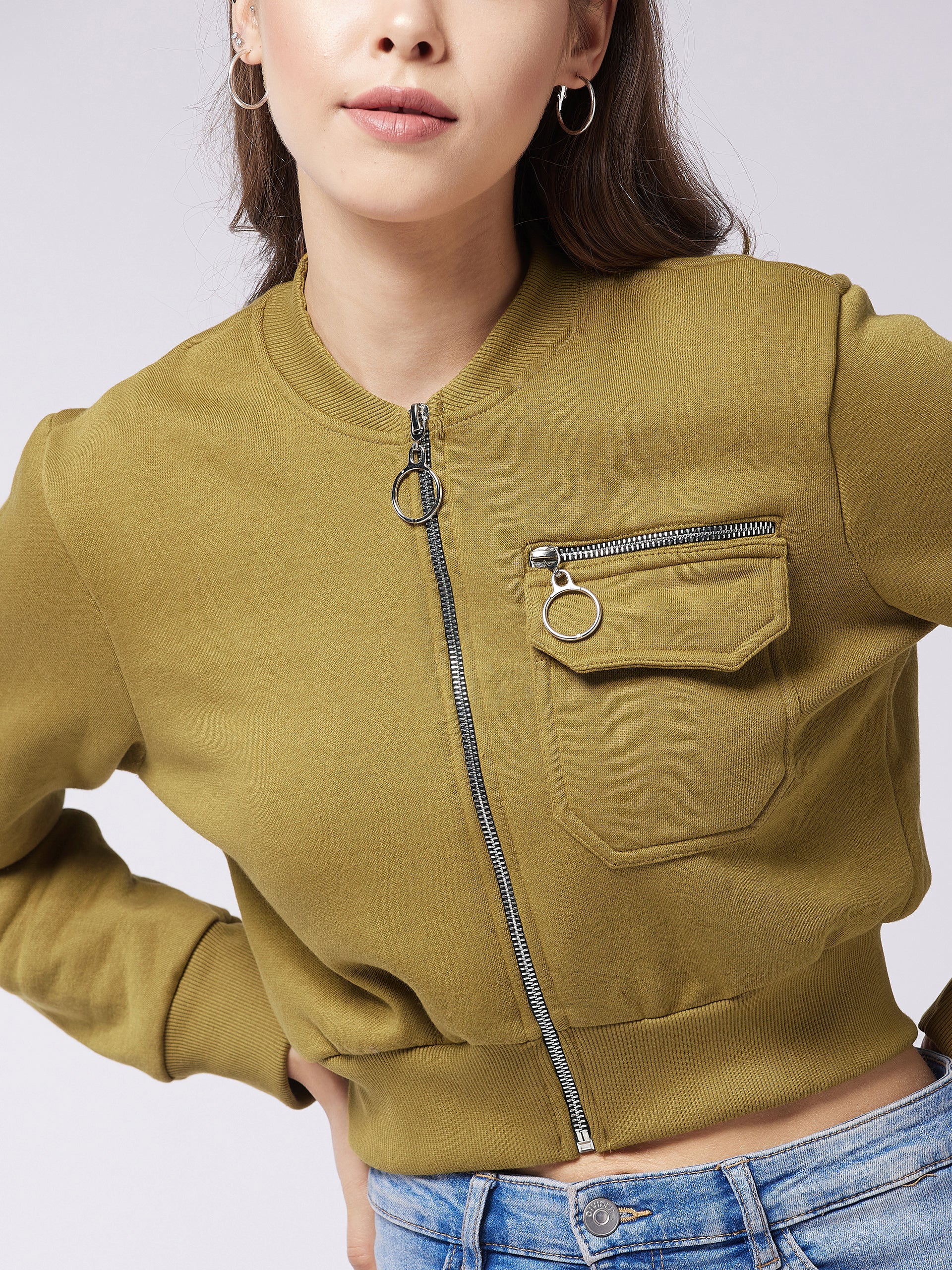 Olive Stand Collar Full Sleeve Solid Boxy/Bomber Crop Jacket for Women — Miss Chase