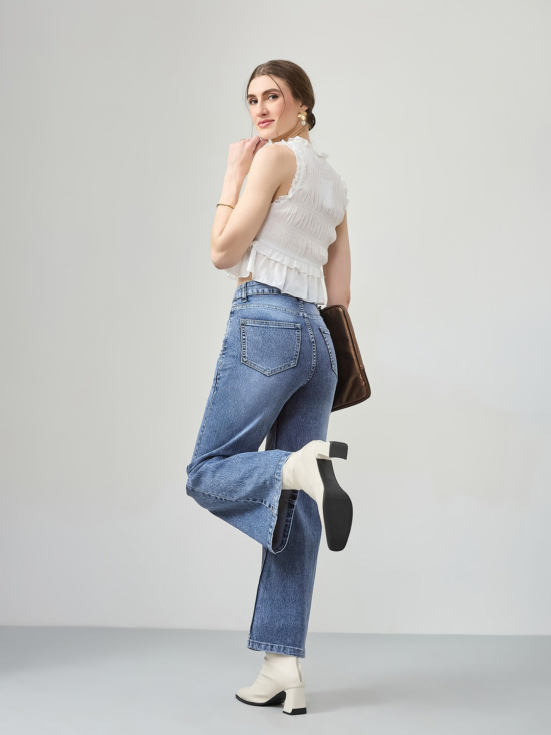 Light Blue Wide-Leg High-Rise Stretchable Denim Jeans for Women