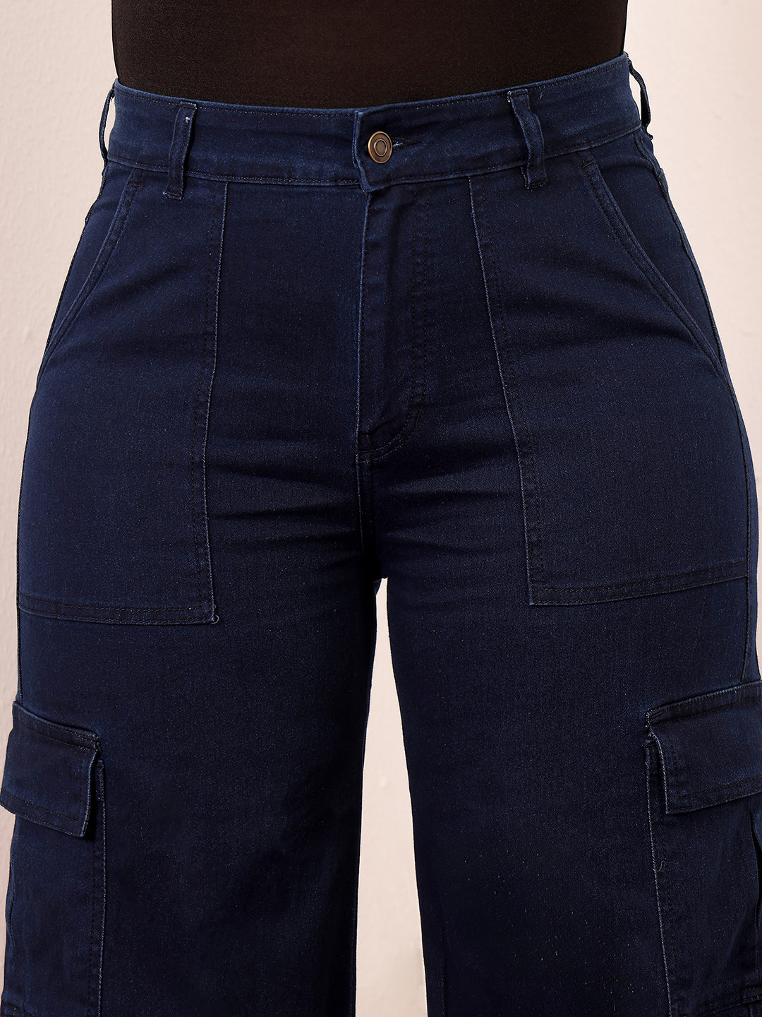 Women's Navy Blue Wide-Leg High-Rise Clean-Look Stretchable Cargo Denim Jeans