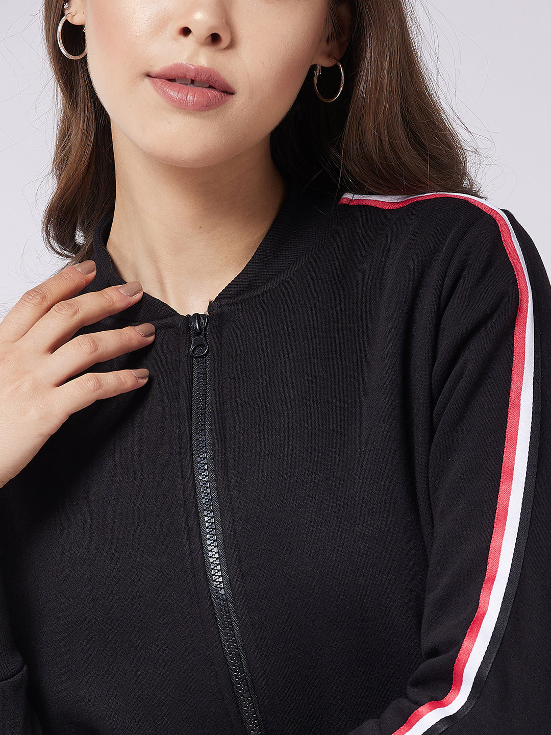Black V-Neck Full Sleeve Solid Bomber RegularJacket for Women — Miss Chase