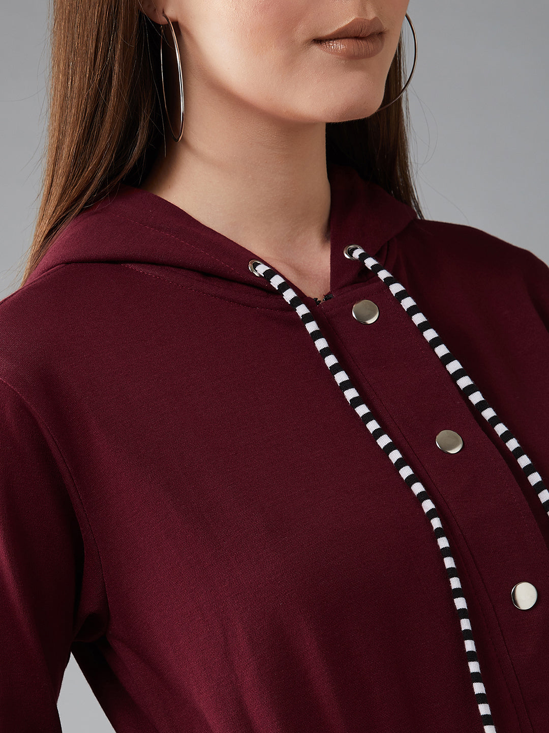 Women's Multicolor-Base Maroon Hooded Full Sleeves Solid Waist Tie-Up Regular Length Jacket