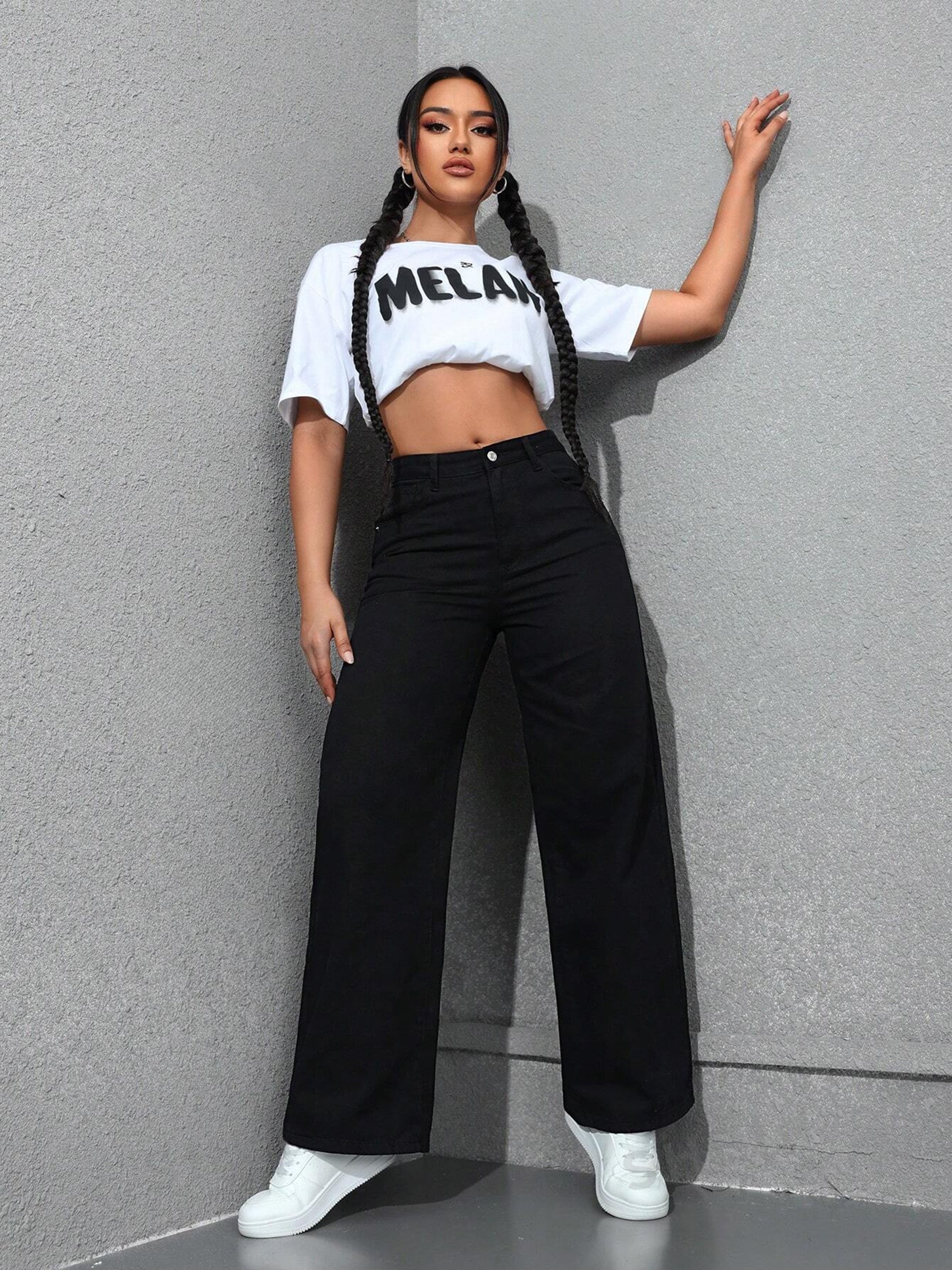 Women's Black Wide-Leg High-Rise Clean-Look Regular-Length Stretchable Denim Jeans