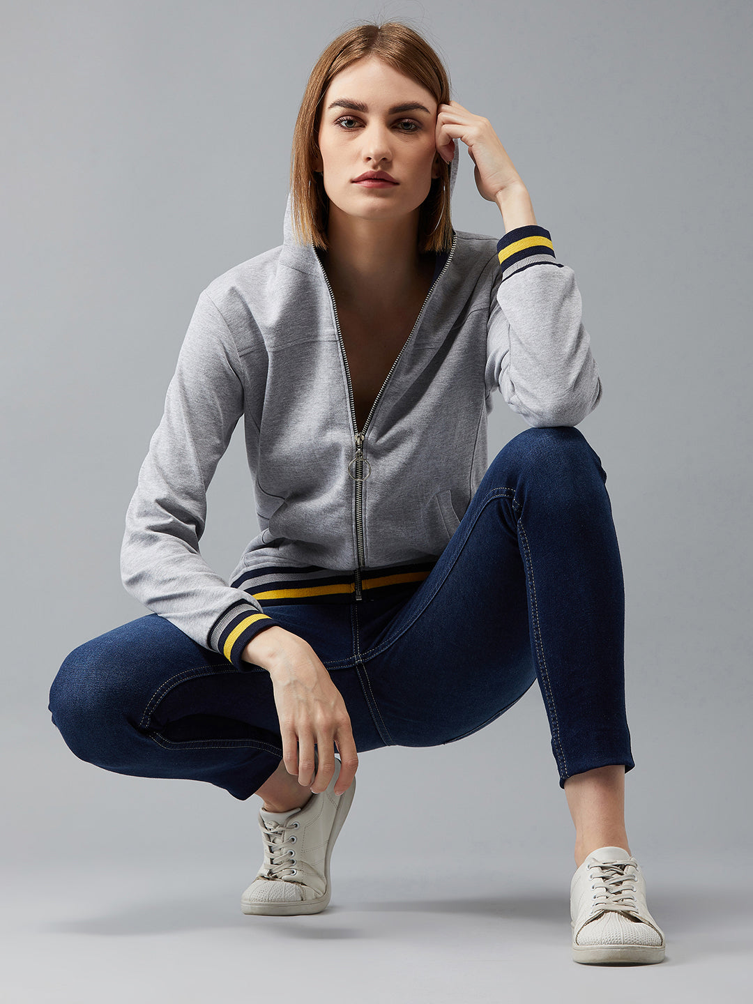 Women's Grey Mock Collar Full Sleeves Premium Cotton, Rib Solid Hooded Regular Length Jacket