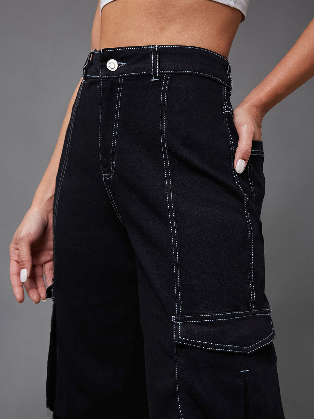 Women's Black Wide-Leg High-Rise Clean-Look Regular-Length Stretchable Patch-Pocketed Denim Jeans