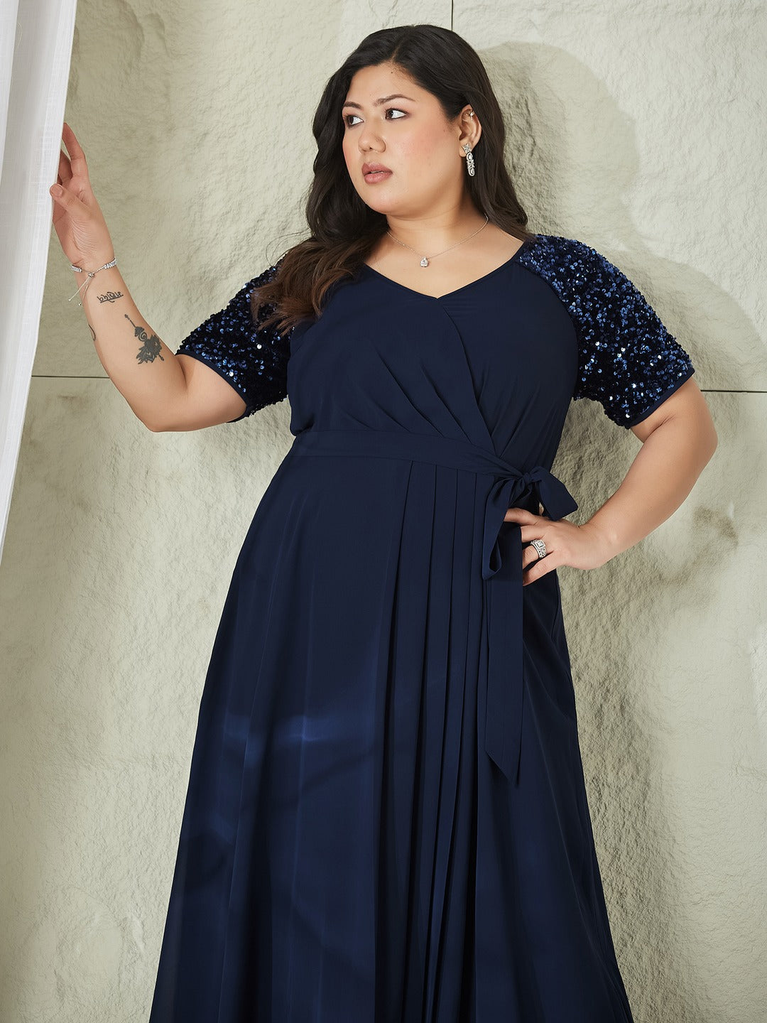 Navy Blue Relaxed Fit Maxi Georgette Dress for Women
