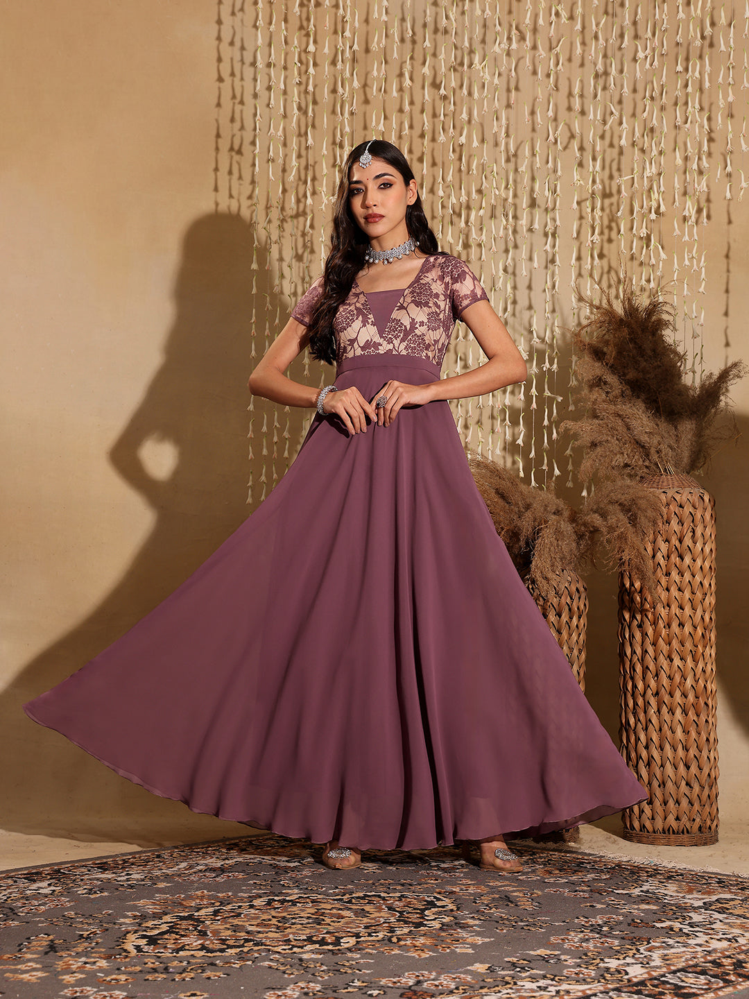 Women's Mauve Square-Neck Raglan-Sleeve Self-Designed Flared Georgette Maxi Dress