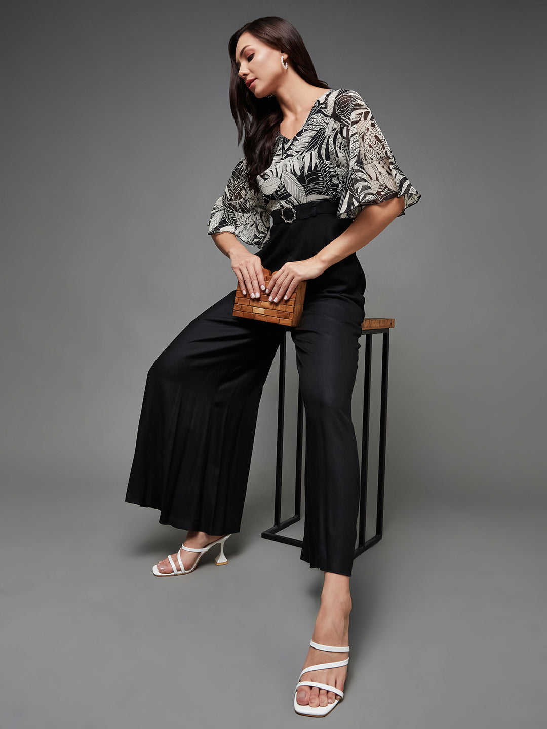 Women's Black V Neck Ruffled Sleeve Wide Leg Regular-Length Polyester Printed Jumpsuit