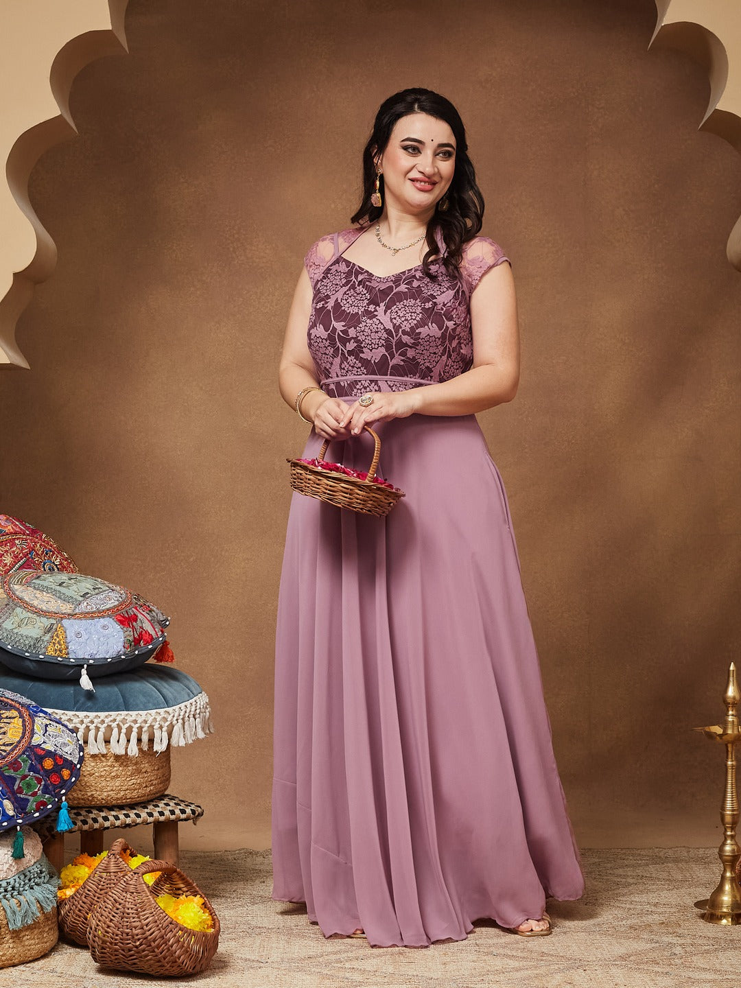 Lavender & Wine V-Neck Cap Sleeves Floral Lace Fit & Flare Maxi Dress for Women