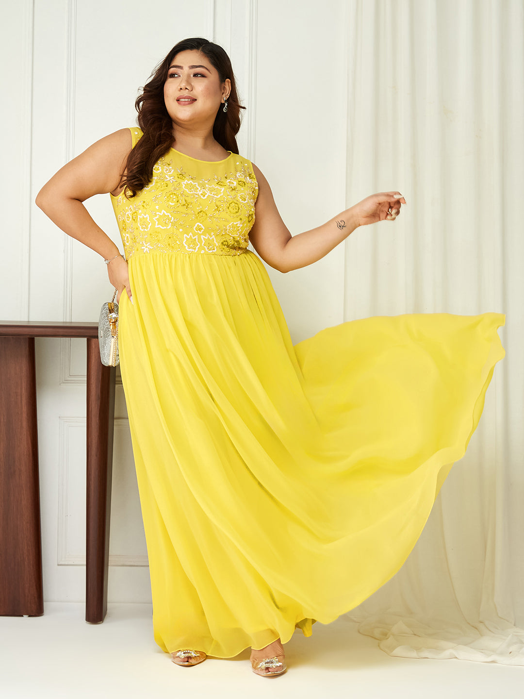 Women's Light Yellow Boat Neck Sleeveless Embroidered Georgette Gathered Maxi Dress