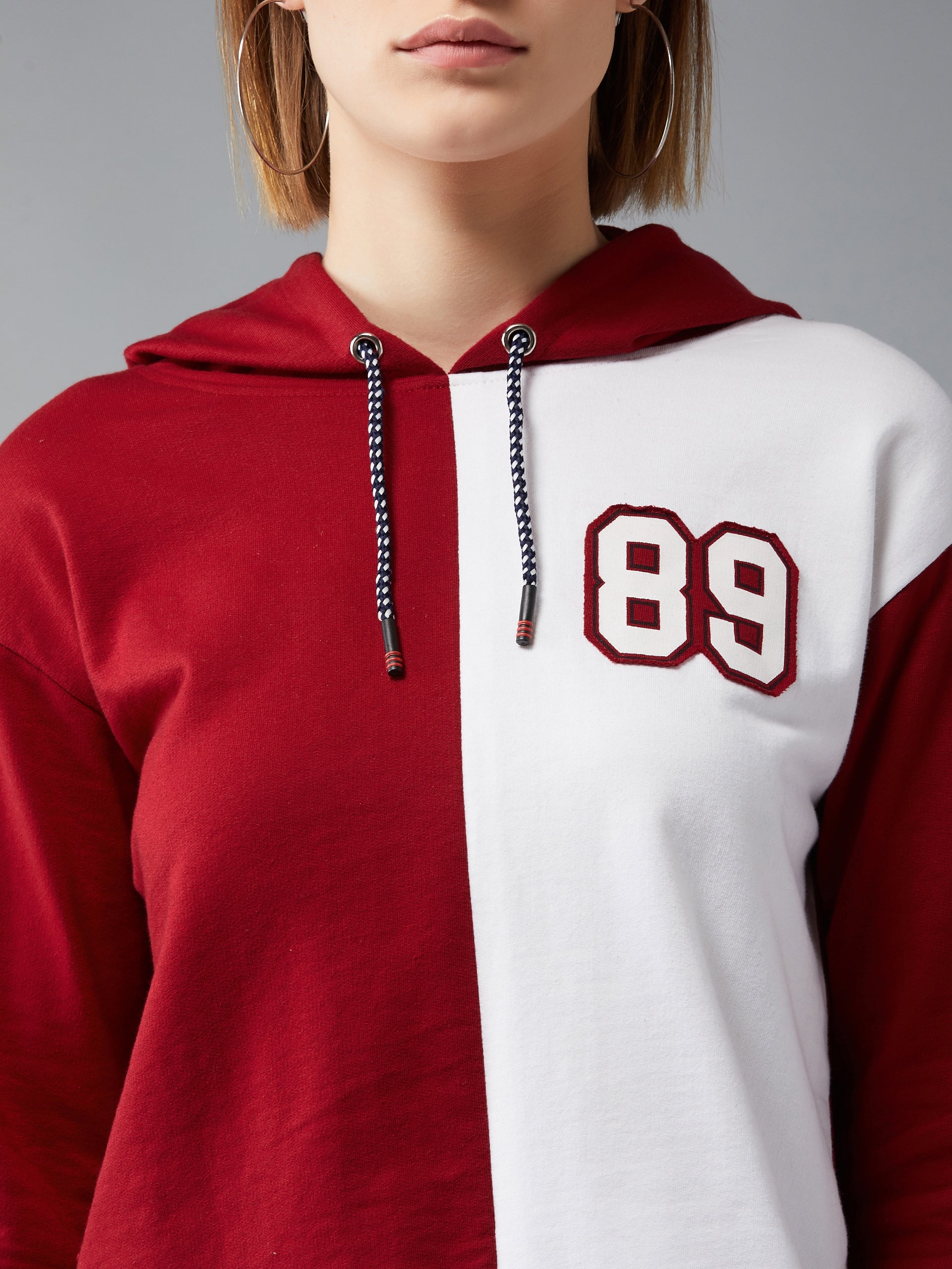 Women's Maroon & White Hooded Full Sleeves Loopknit, Rib Solid Color-Block Drop Shoulder Regular Length Sweatshirt