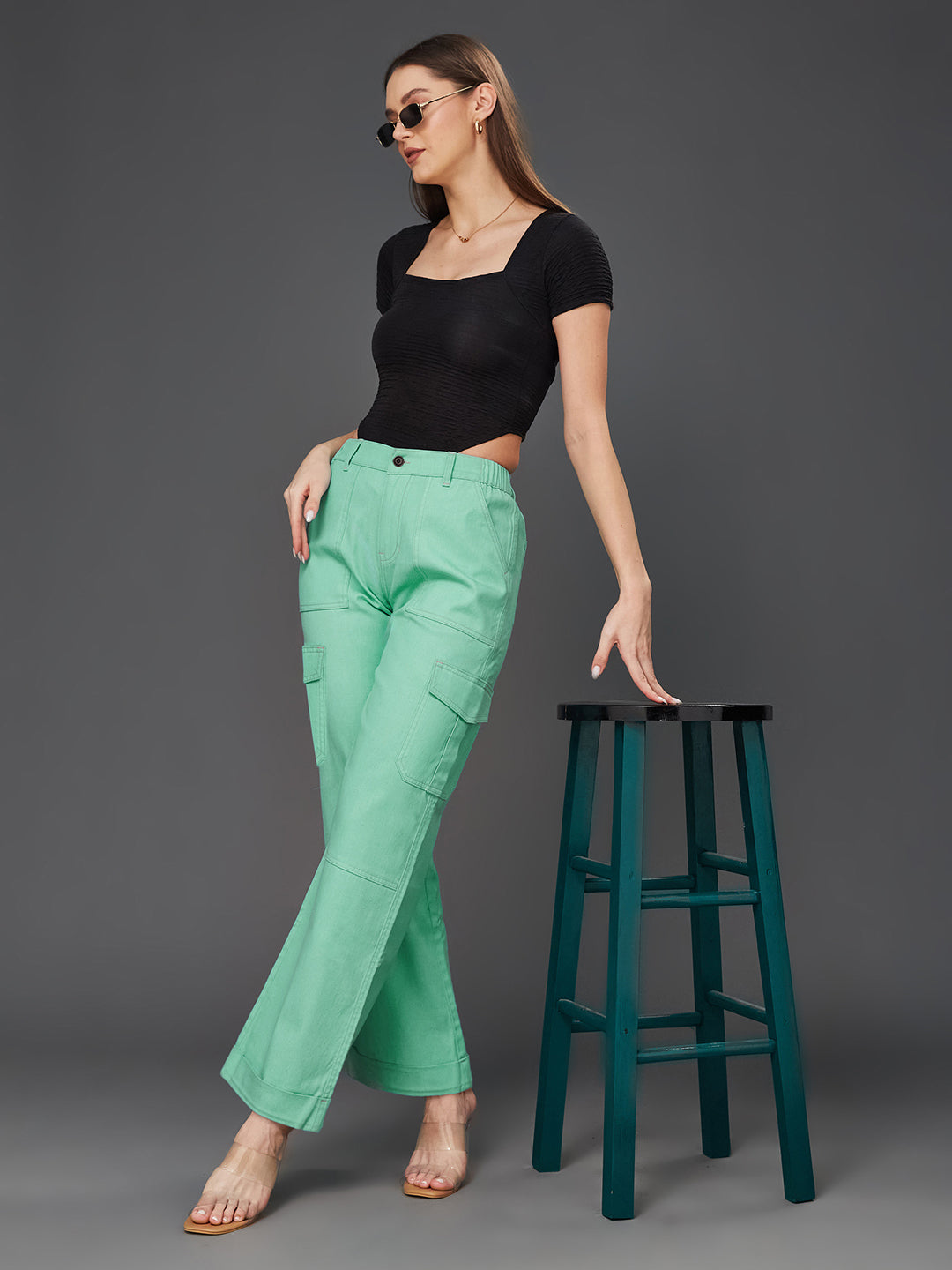 Women's Turquoise Wide Leg High Rise Clean Look Regular Length Stretchable Denim Pants