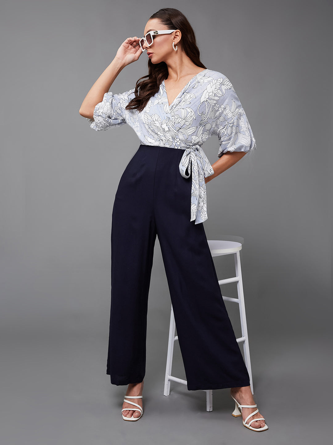 Women's Multicolored Base Navy Blue V-Neck 3/4 Sleeve Floral Wrap-Styled Jumpsuit