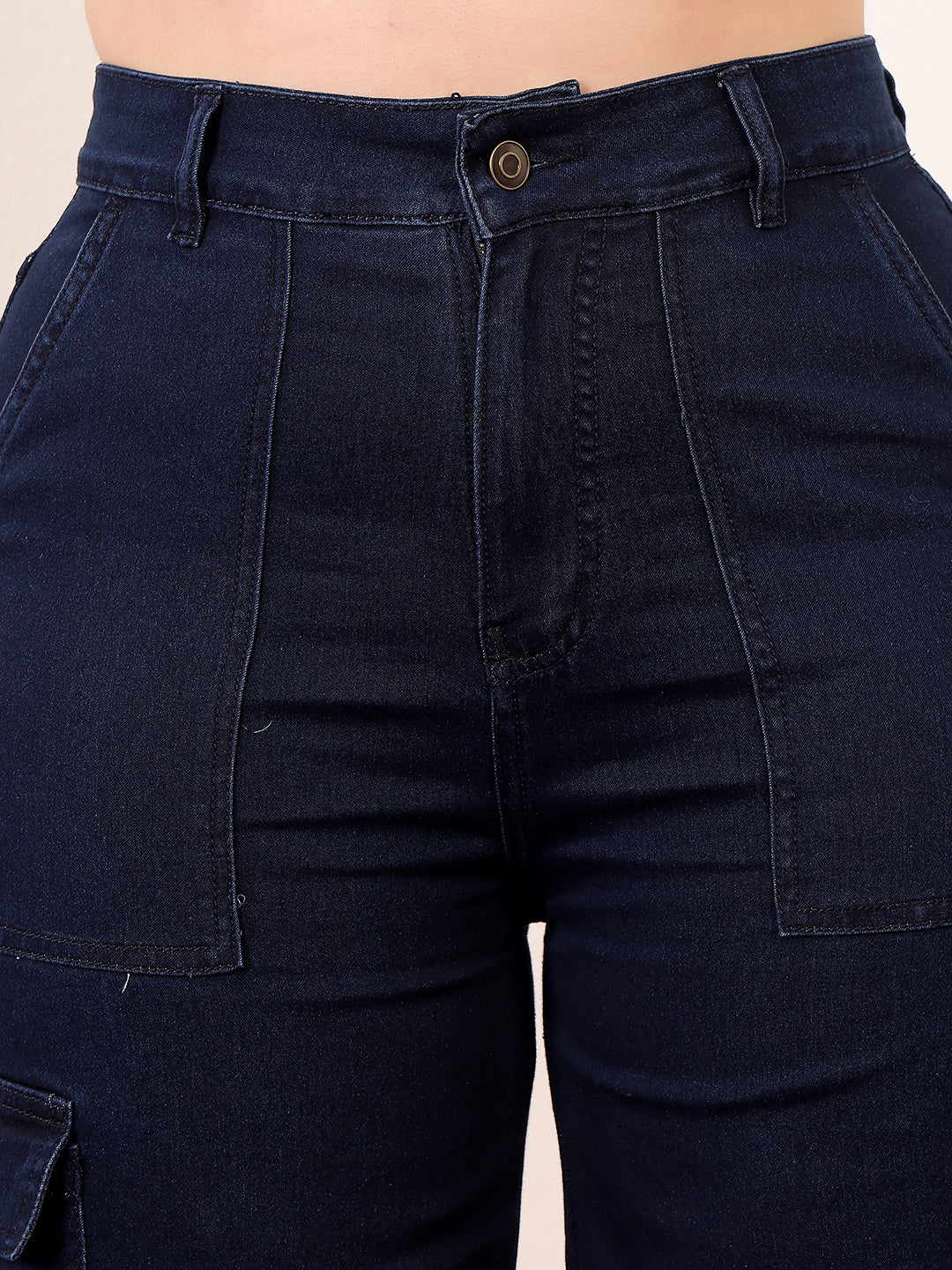 Women's Navy Blue Wide-Leg High-Rise Clean-Look Stretchable Denim Cargo Jeans